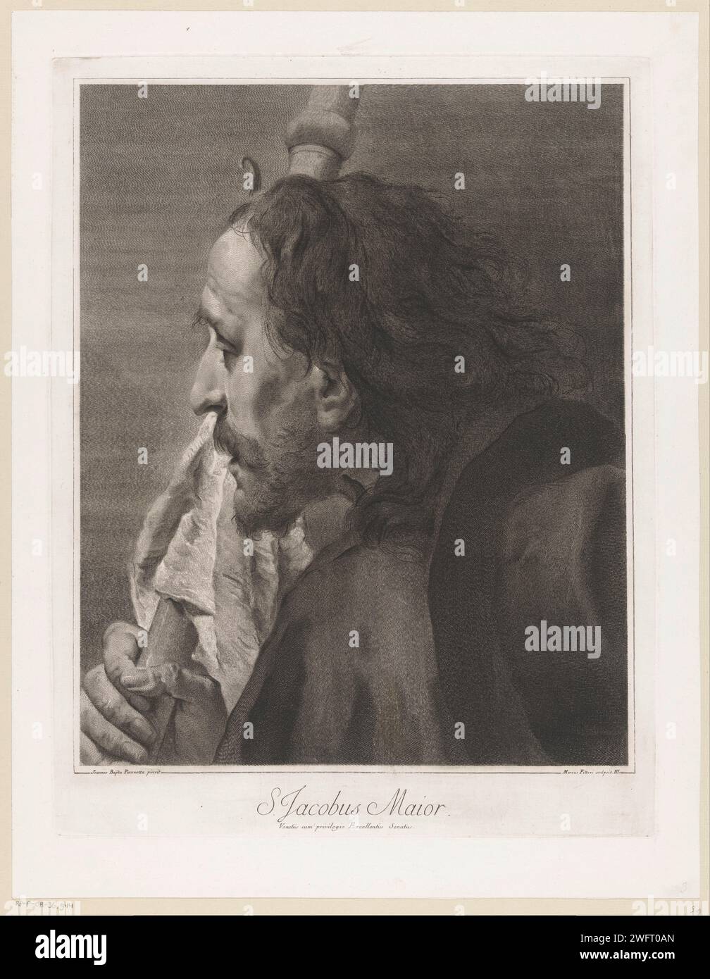 Apostel Jakobus de Meerdere, Giovanni Marco Pitteri, nach Giovanni Battista Piazzetta, 1712 - 1786 Druck, unten nummeriert: III Venezianisches Papier, in dem der Apostel Jakob der große graviert ist; mögliche Attribute: Buch, Pilgermantel, Hut, Muschel, Stab, Brieftasche, Rolle, Schwert Stockfoto