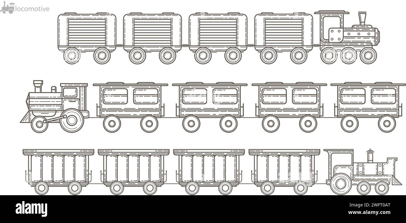 Alte Dampflokomotiven, Symbolsatz.Vektorillustration. Stock Vektor