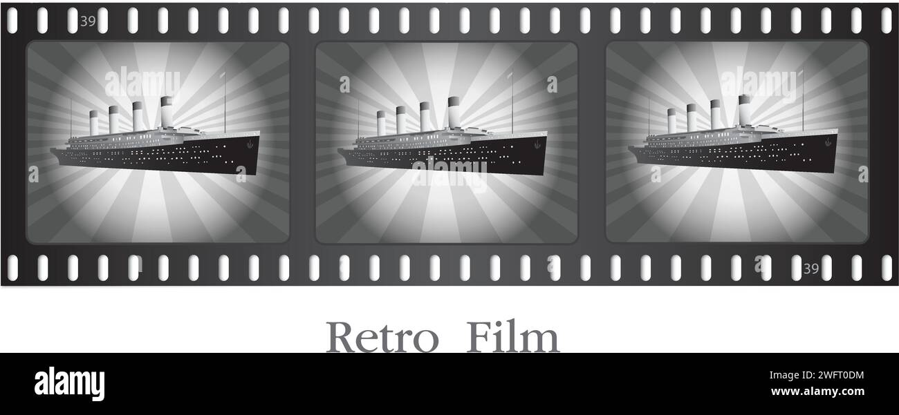 Retro-Flugzeug im Flug. Alter Filmstreifen. Vektor-Illustration. Stock Vektor