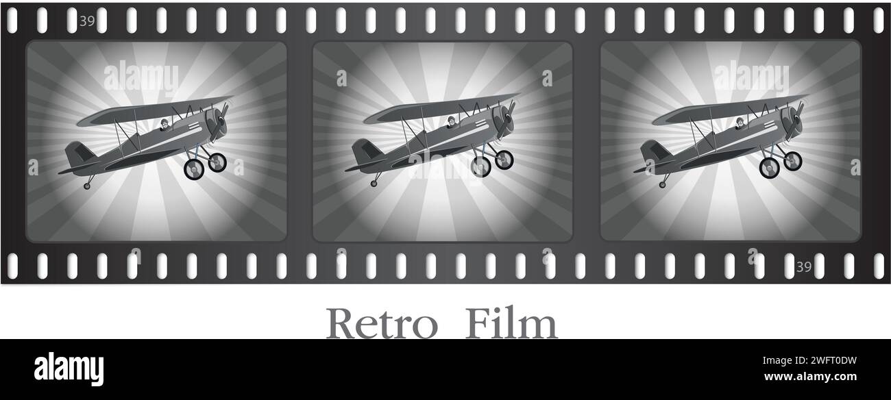 Retro-Flugzeug im Flug. Alter Filmstreifen. Vektor-Illustration. Stock Vektor