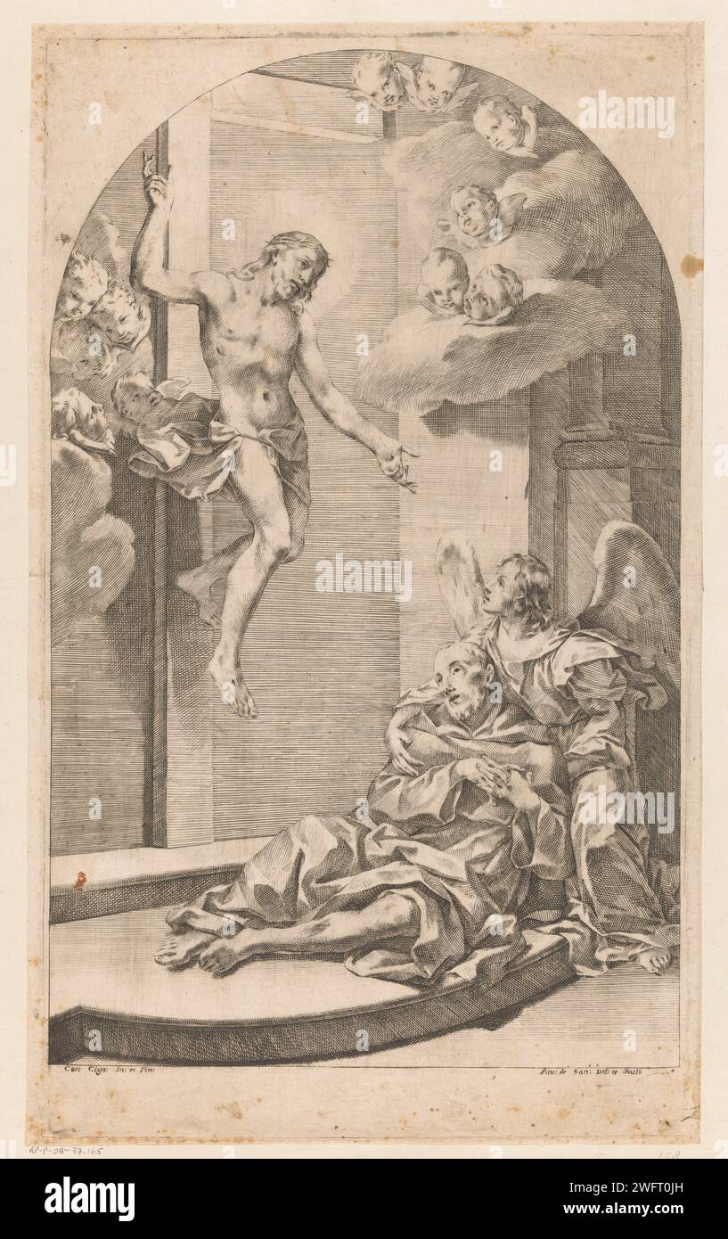 Christus erscheint spirituell, Antonio de San., nach Carlo Cignani, 1600–1699 Druck der tote Christus erscheint einem spirituellen. Christus schwimmt am Himmel und ist umgeben von Cherubys. Das geistige liegt auf dem Boden und wird von einem Engel unterstützt. Italien Papierstich (Erwachsene) Christus erscheint Sterblichen. Engel. Cherubs, d. h. Kinderköpfe mit Flügeln Stockfoto