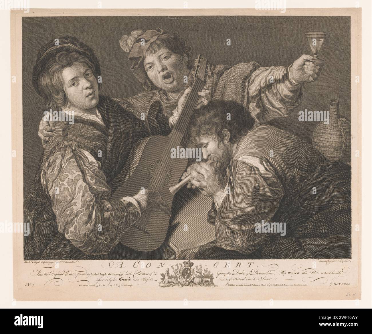 Gitarrist, Gesangsmann und Flötenspieler, Thomas Chamars, nach Edward Edwards, nach Caravaggio, nach Valentin de Boulogne, 1764 Druck Londoner Papier graviert/graviert mehr als einen Musiker mit Instrument. Musiker, die Sänger begleiten. Cithern, Mandoline, Gitarre, Balalaika. Flöte, Aulos, Tibia Stockfoto