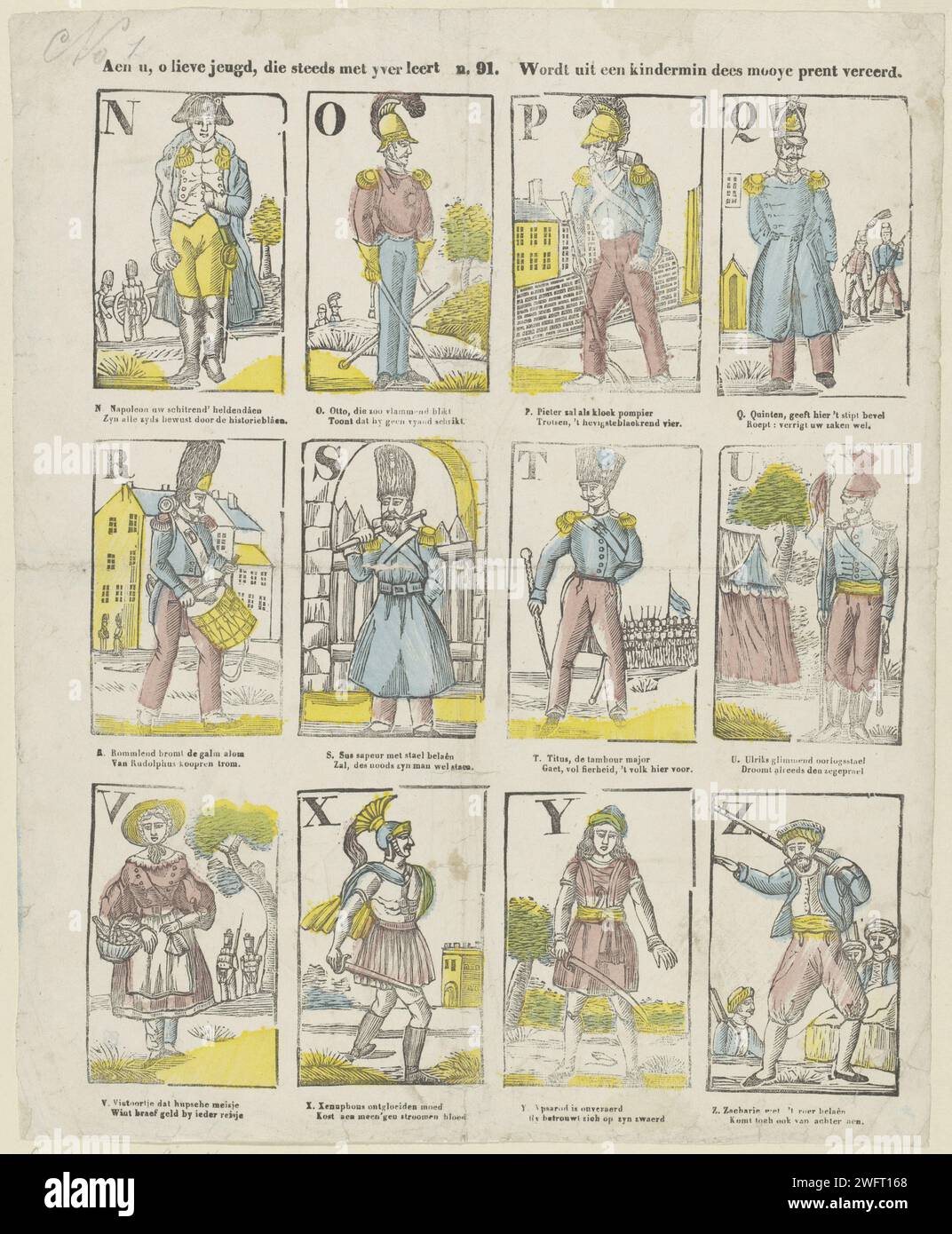AEN du, o lieber Jugendlicher, der immer lernt / mit Yver geehrt wird von einem Kindermin Dees Mooye Prent, 1833 - 1870 Print Blatt mit 12 Aufführungen der Buchstaben des Alphabets (N-Z) illustriert mit Zahlen, deren Namen mit dem fraglichen Buchstaben beginnen. Unter jedem Bild ein zwei-Wege-Vers. Nummeriert in der Mitte: n. 91. Verlag: Turnhoutpublisher: Turnhoutprint Maker: Niederlande Papier Buchdruck Buchstaben, Alphabet, Schrift. Zeichen (menschliche Typen). Die Person und ihr Name Stockfoto