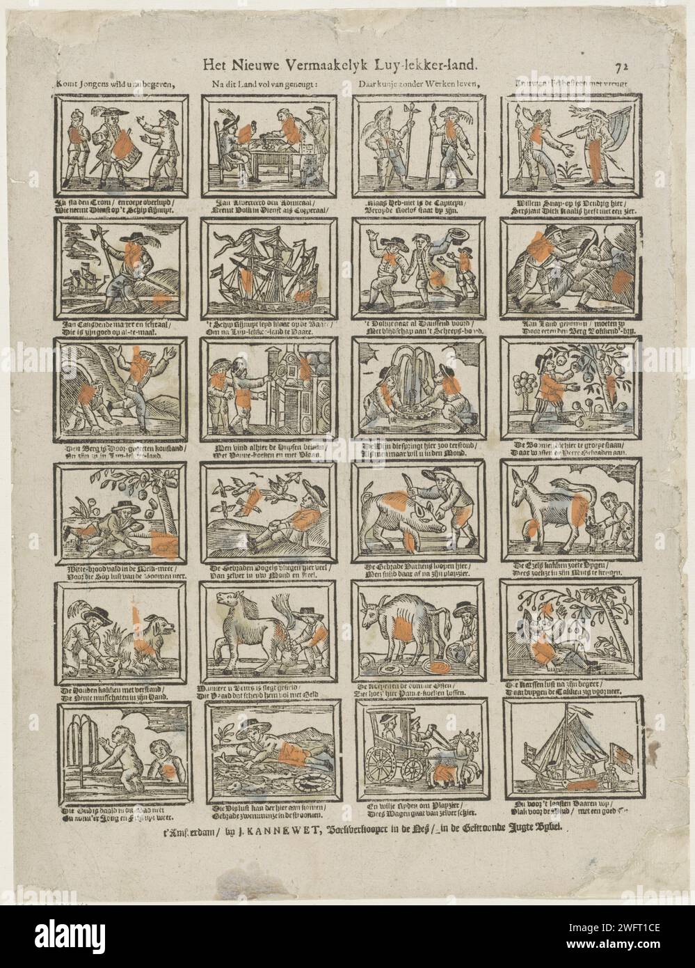 Die neue Unterhaltung Luy-lekker-Land, 1725-1780 Print Blatt mit 24 Aufführungen des Luilekkerlandes. Unter jedem Bild ein zwei-Wege-Vers. Oben rechts nummeriert: 72. Amsterdam Papier Buchdruck Land of Cockaigne Stockfoto