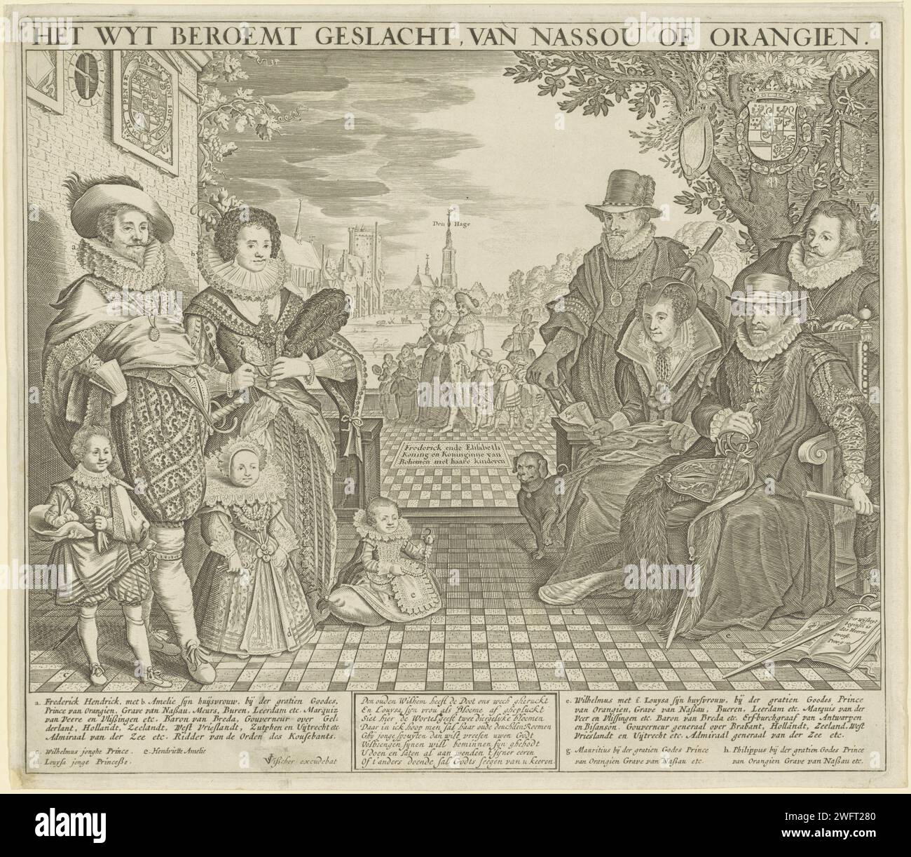 Familienporträt von Willem I., Prinz von Orange, Louise de Coligny, Philip Willem, Maurits und Frederik Hendrik, Prinsen van Oranje, Amalia van Solms und ihre Kinder, 1628 - 1652 Printbild Familienporträt von Willem I., Louise, Philip Willem, Maurits, Frederik Hendrik, Amalia und ihre Kinder Willem II., Louise Henriëtte und Henriëtte Amalia. Eine Reihe allegorischer Objekte um ihn herum. Im Hintergrund Frederik V., Elisabeth Stuart, ihre Kinder und die Stadt Haag. Am oberen Rand eine Regel des niederländischen Textes. Am unteren Rand sind die Namen, die Titel und acht Zeilen niederländischer Texte zu sehen. Drucken Stockfoto