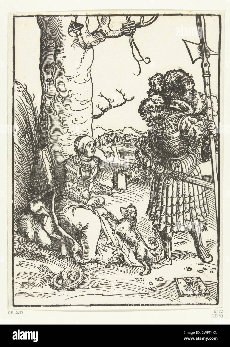 Abigail gibt David Nahrung in der Wüste, Luke Cranach (I), 1509 Druck Abigail wird am Fuße eines Baumes gelassen und gibt David während seines Exils in der Wüste Getränke und Essen. David ist reich in Rüstung gekleidet. Ein Hund springt gegen Abigails Beine. Im Baum befinden sich zwei Schilde mit dem kurfürstlichen und dem Herzoglichen Wapen van Sachsen. Deutschland-Papiertreffen von David und Abigail, der vor ihm kniet Stockfoto