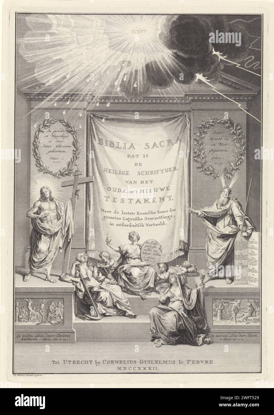 Titelseite mit Christus und Moses, die auf einen Vorhang mit dem Titel 