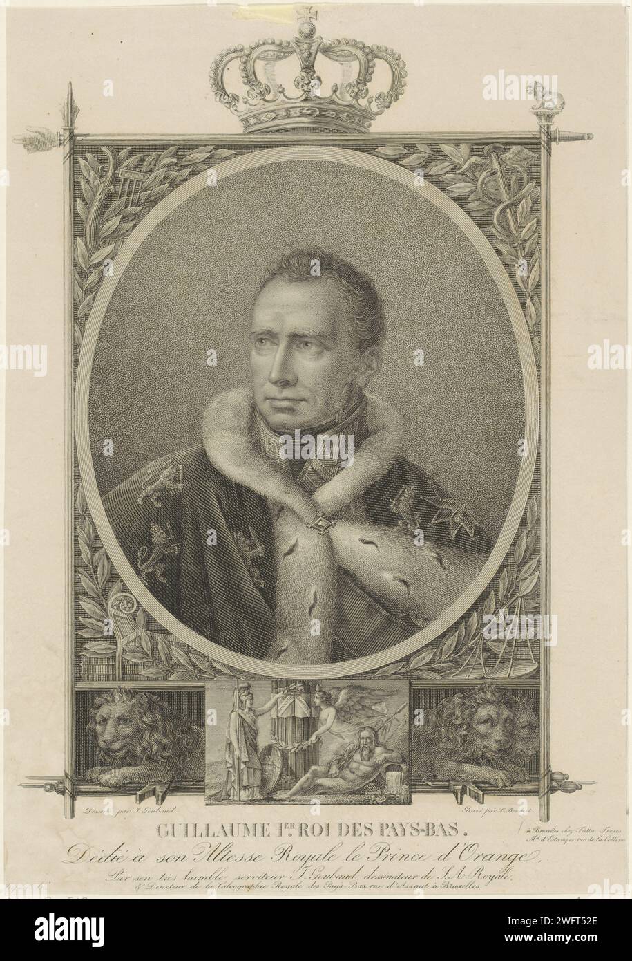 Porträt von Wilhelm I. Frederik, König der Niederlande, J. L. Benoist (II), nach dem unschuldigen Louis Goubaud, 1815–1840 Druck Porträt von Willem I. Frederik mit einem Hermelinmantel in einem ornamentierten Oval. In der Mitte einer Krone. Unten und unten rechts Leeuwen. In einem Rahmen eine allegorische Darstellung mit Minerva und einem Machtgott. Vier Zeilen französischer Text am unteren Rand. Druckerei: Parispublisher: Brüsseler Papierstich / Ätzung (Geschichte von) Minerva (Pallas, Athena). Aegis: Schild mit Gorgons Kopf (Attribut von Minerva). fluss personifiziert, 'Fiumi' (Ripa) - HH - ideale Landschaften Stockfoto
