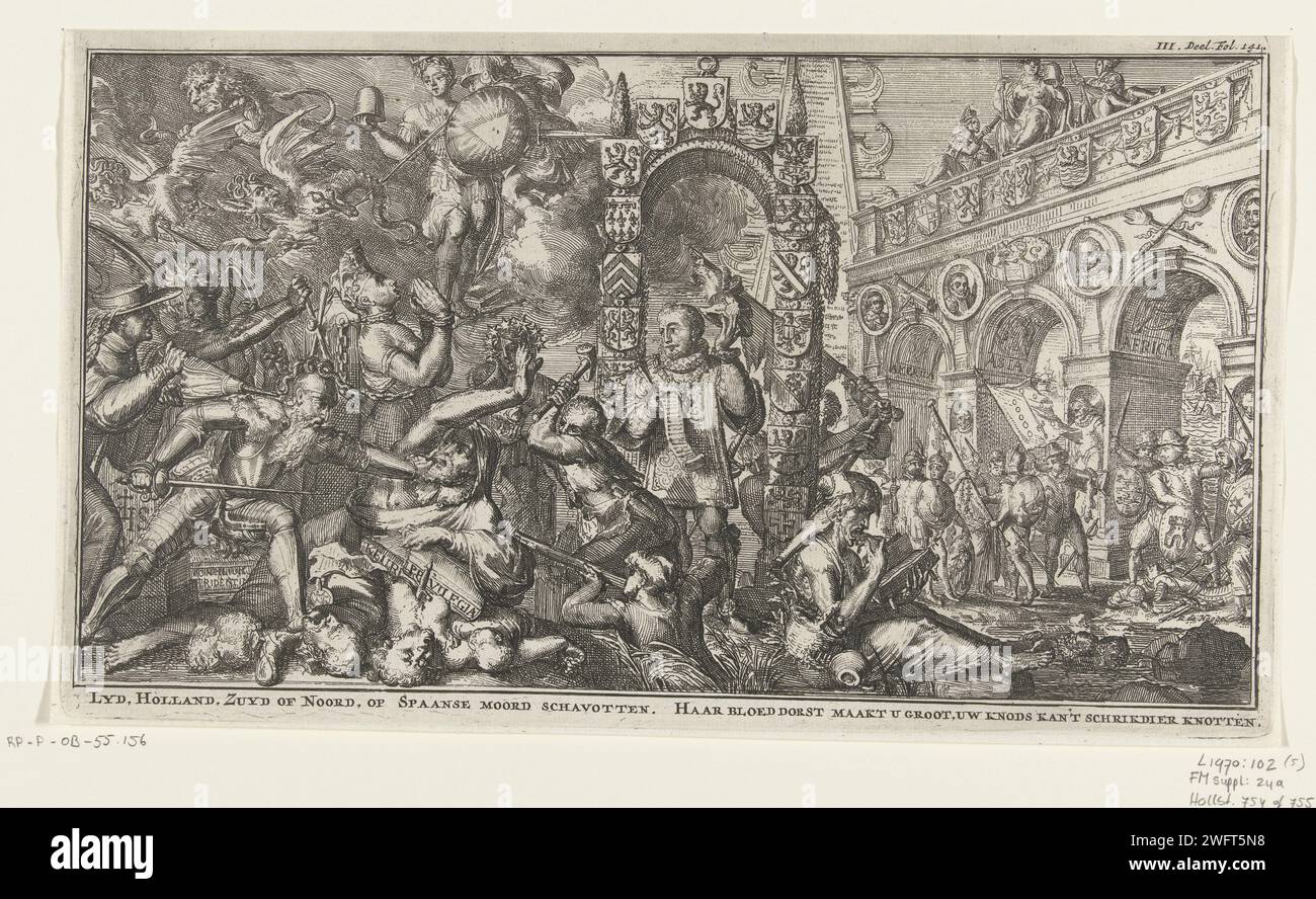 Allegory Around the Achtzigjährigen Krieg, Romeyn de Hooghe, 1704–1706 Druck allegorische Darstellung rund um den Achtzigjährigen Krieg und die spanische Tyrannei und die Verfolgung des Glaubens. Zentrale ein Tor mit den Waffen der 17 Provinzen. Mit einer Überschrift von zwei Zeilen in einer Zeile. Niederlande Papierätzung / Gravur Verfolgung von Gläubigen Stockfoto