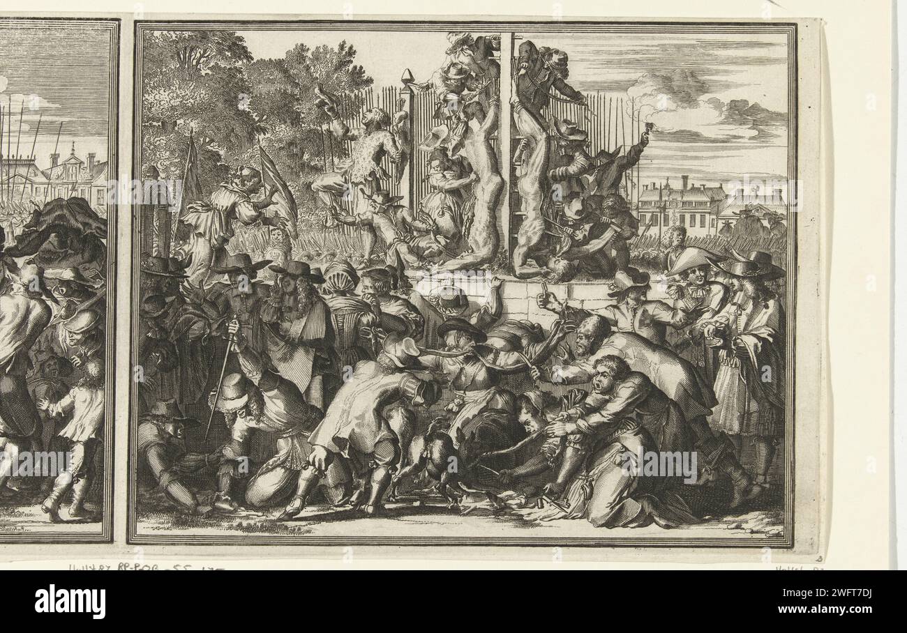 Die verstümmelten Leichen der de Witt Brüder auf dem Gerüst, 1672, Anonym, nach Romeyn de Hooghe, 1672–1699 drucken die verstümmelten Leichen der de Witt Brüder auf dem Gerüst, 1672 niederländische Zeitung gewalttätiger Tod, getötet; falsch gehandhabt und misshandelt; Suche nach dem Tod (+ Tod durch Lynchen) den Haag Stockfoto