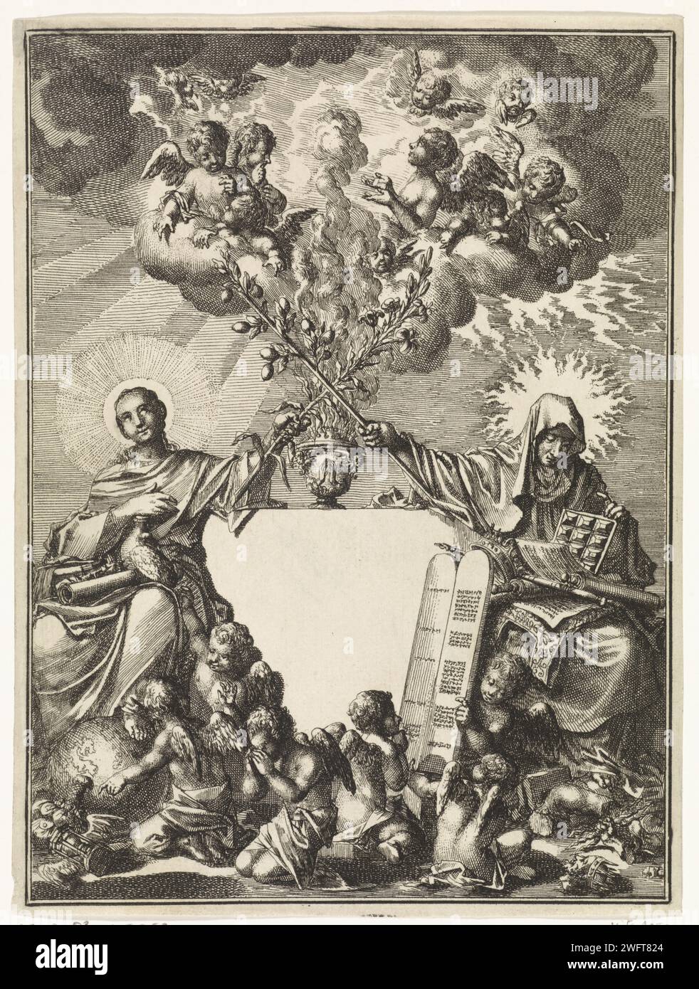 Personifizierungen des alten Bundes und des Evangeliums kreuzen zusammen den blühenden Stab von Aaron, Jan Luyken, 1712 Druck Amsterdamer Papier, das die neuen Tabellen des Gesetzes ätzt (Exodus 34). Allegorische und symbolische Darstellungen  Kirche und Religion. Die Blütenstange (Nummer 17) Stockfoto Personifizierungen des alten Bundes und des Evangeliums kreuzen zusammen den blühenden Stab von Aaron, Jan Luyken, 1712 Druck Amsterdamer Papier, das die neuen Tabellen des Gesetzes ätzt (Exodus 34). Allegorische und symbolische Darstellungen  Kirche und Religion. Die Blütenstange (Nummer 17) Stockfoto
