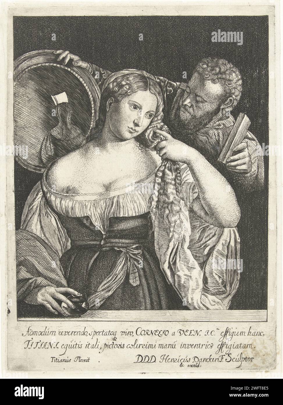 Junge Dame für einen Spiegel, Hendrick Danckerts, nach Tizian, 1635 - 1679 Druckpapier-Ätzspiegel Stockfoto