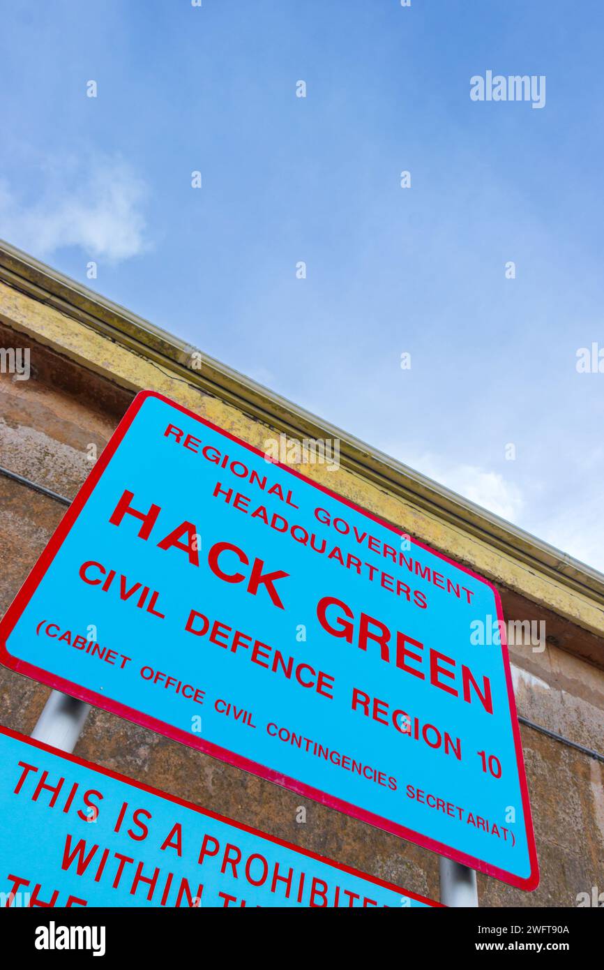 MOD Hack Green Civil Defense Schild geheimer Bunker cheshire, im Kalten Krieg als nukleare Sprengunterkunft benutzt, Kommandoposten jetzt ein Museum Stockfoto