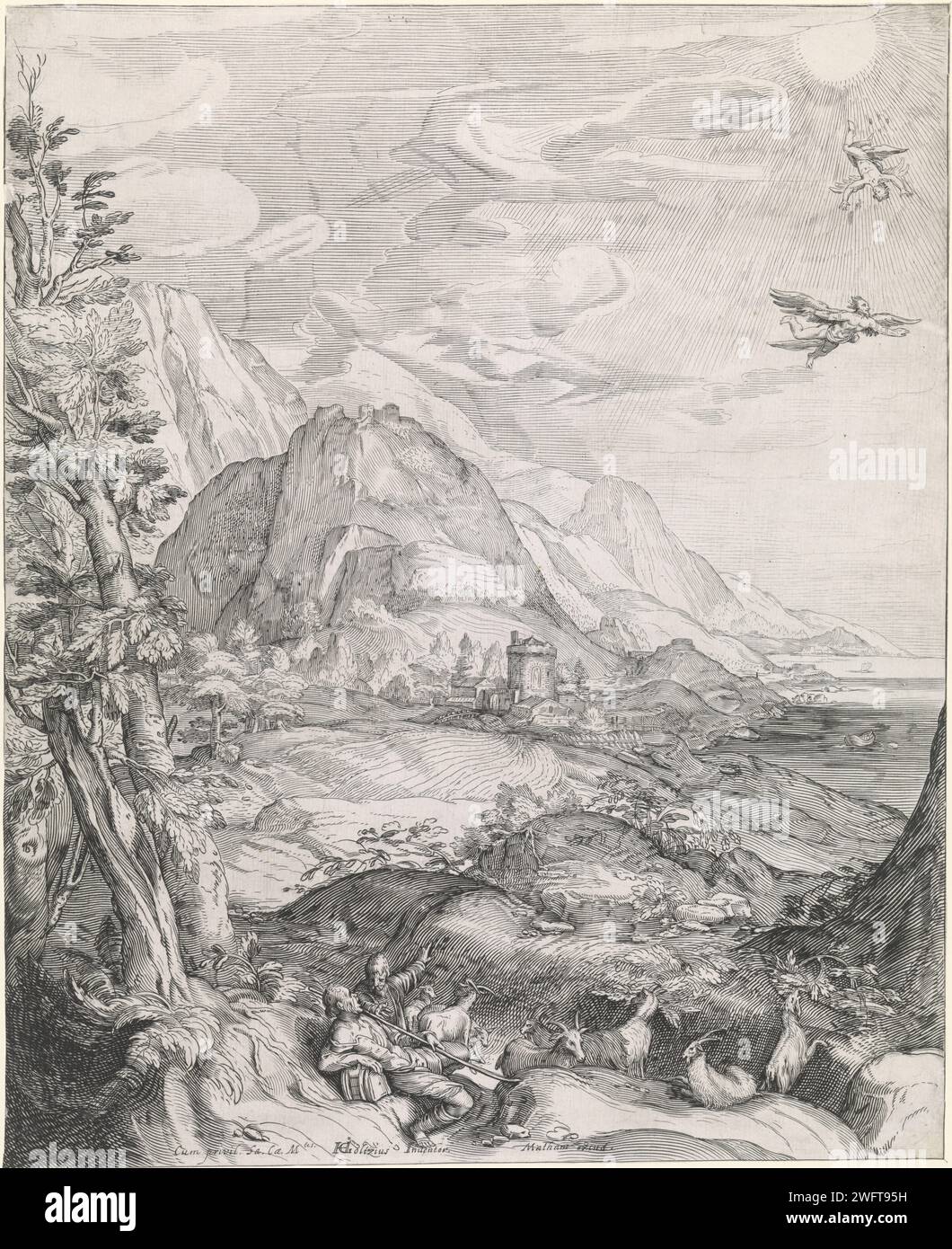 Landschaft mit dem Fall des Ikarus, Jacob Matham (Werkstatt), nach Hendrick Goltzius, 1603 Druck in einer weiten hügeligen Landschaft, beobachten Hirten mit ihrer Herde, wie Ikarus zu nah an der Sonne fliegt. Seine Flügel schmelzen seine Flügel durch die Hitze. Sein Vater Daedalus fliegt unter ihm. Haarlem Papier Gravur Tod, d. h. der Fall des Ikarus (Daedalus anwesend) Stockfoto