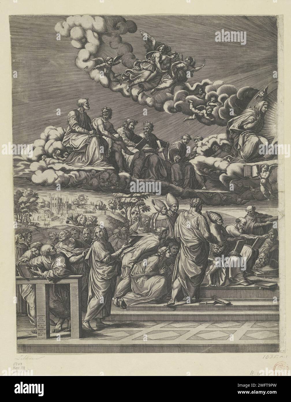 Dispuut über das Heilige Sakrament (linker Teil), Giorgio Ghisi, nach Rafaël, 1552 Druck Teil von Rafaël Fresko in der Strophe della Segnatura, die die übernatürliche Wahrheit widerspiegelt. Das Fresko besteht aus zwei Ebenen, Himmel und Erde. Auf beiden Ebenen wird eine Diskussion über das heilige Sakrament oder die Eucharistie geführt. Zentralgott, der Vater, Christus und der Heilige Geist über einem Altar. Maria und Johannes der Täufer sitzen neben Christus. An der Wolke sind auch die Apostel, Evangelisten und Märtyrer präsent. Auf der irdischen Ebene befinden sich die Heiligen und Vertreter der Kirche wie Papst Julius II., Stockfoto