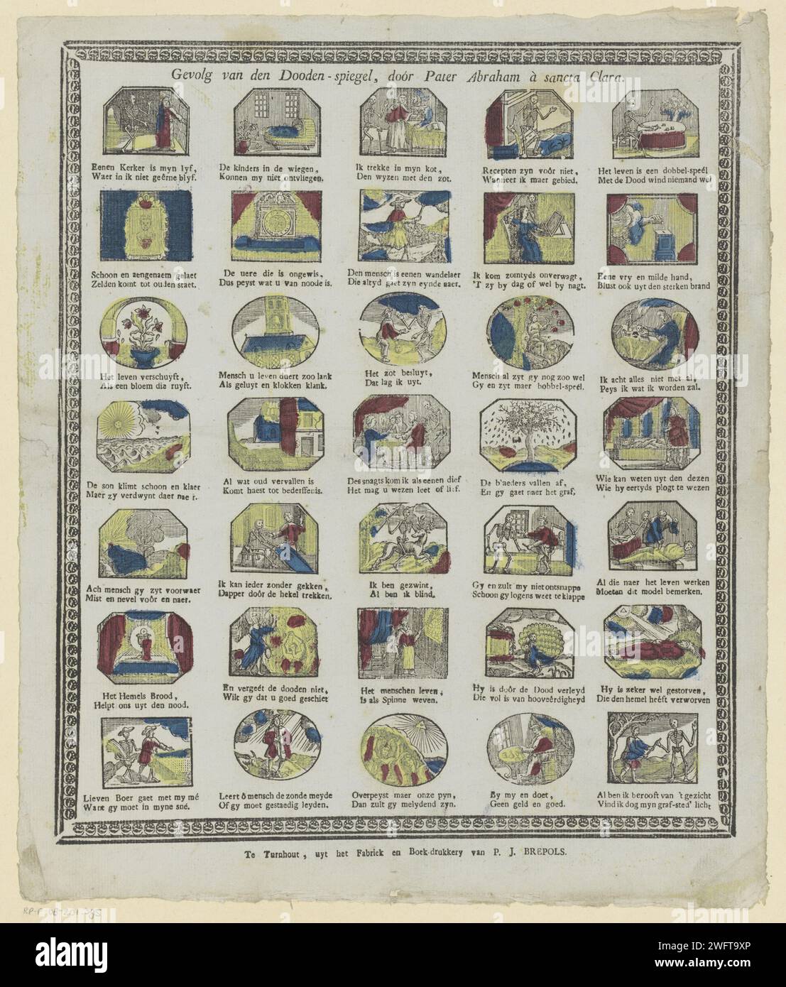 Ergebnis des Dooden-Spiegels, Doór Pater Abrahem à Sancta Clara, 1800 - 1833 Print Blatt mit 35 Aufführungen mit Hinweisen auf den Tod. Unter jedem Bild ein zwei-Wege-Vers. Vollständig von einem dekorativen Rahmen umgeben. Turnwood-Papier, Buchdruck, der stirbt. Tod als Skelett Stockfoto