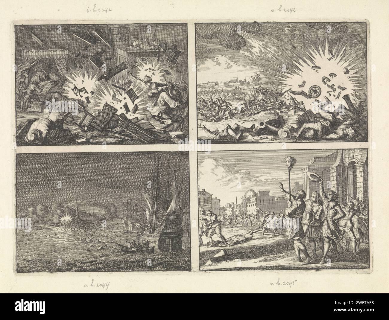 Während der Belagerung von Riga explodiert eine Bombe in einem Haus, 1656 / Explosion eines französischen Pulvermagazins während der Belagerung von Namur, 1640 / Oostende erobert von den Spaniern auf den Franzosen, 1658 / Kopf des getöteten Masaniello wird auf einem Gipfel in Neapel getragen, 1647 Caspar Luyken, 1698 Druck Uncuted Blatt mit vier Drucken. Amsterdam Papier ätzt Schießpulver-Katastrophe. Das Innere des Hauses. Belagerung. Angriff  Belagerung. Kopf einer enthaupteten Person auf dem Posten oder Pol Riga. Namen (Stadt). Ostende. Neapel Stockfoto