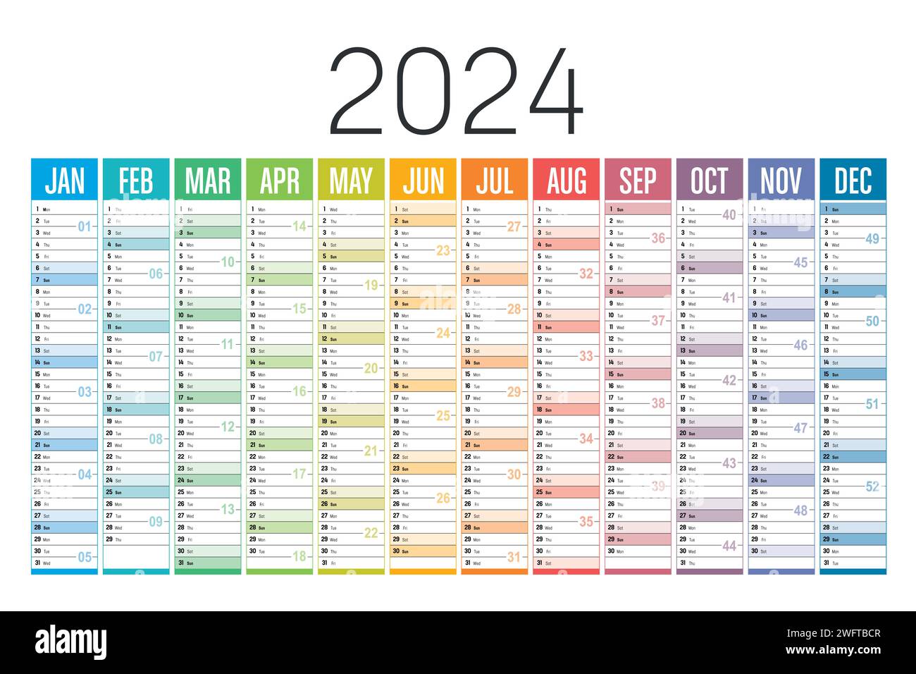 Jahr 2024 farbenfroher Kalender auf weißem Hintergrund. Vektorvorlage. Stock Vektor