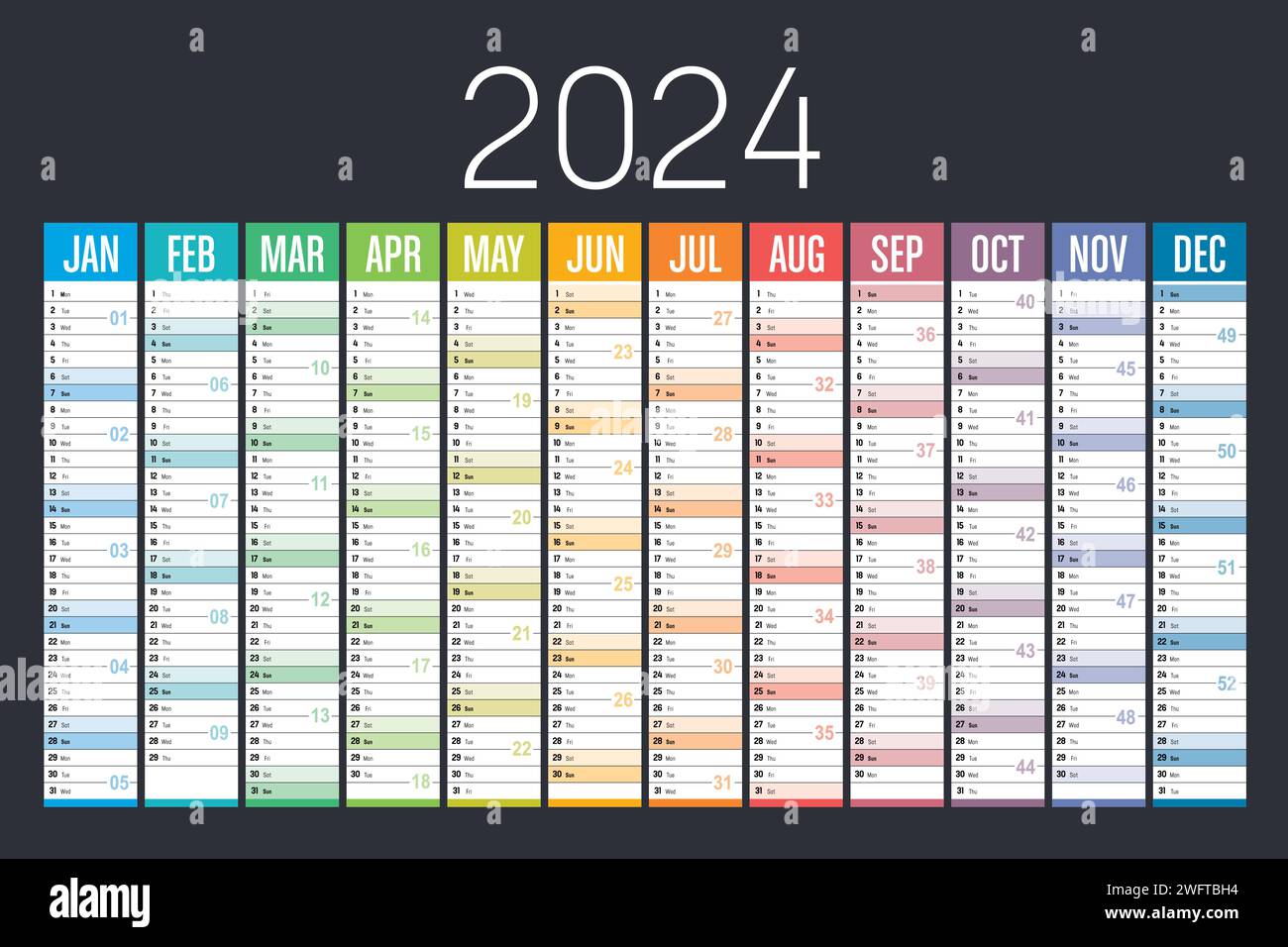 Jahr 2024 farbenfroher Kalender auf dunklem Hintergrund. Vektorvorlage. Stock Vektor