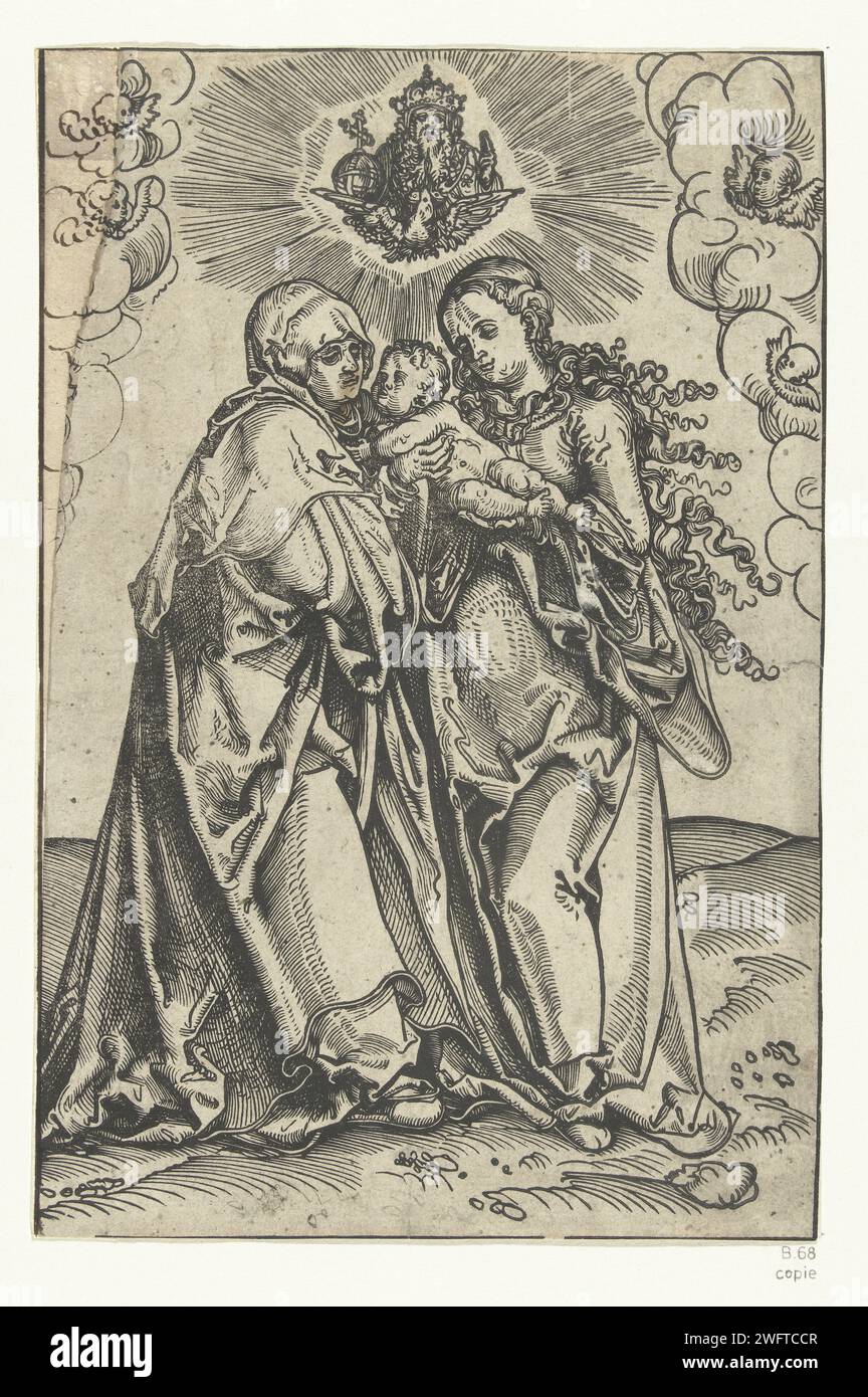 Maria mit Kind und heilige Anna und Dreifaltigkeit, Anonym, nach Lucas Cranach (I), 1482–1603 Druck Anna te Three: Stehend Maria übergibt das Christuskind der Heiligen Anna, die neben ihr steht. Über ihren Köpfen erscheint Gott in einem Jet-Kranz der Vater mit einer Kugel und dem Heiligen Geist, dargestellt als Taube. Zusammen mit dem Christkind bilden sie die dreifaltigkeit. Das Papier "Anna selbdritt", d.h. Anna, Maria und Christkind sind eng beieinander. Die Heilige Dreifaltigkeit, 'Trinitas coelestis'; Vater, Sohn und Heiliger Geist  christliche Religion Stockfoto