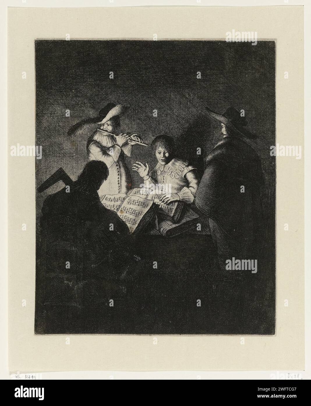 Musicingfirma Jan Gillisz. Van Vliet, 1634 Abdruck in einem Innenraum ist ein Mann mit einer Musikergruppe. Ein Mann auf dem Rücken spielt eine Laute, ein Mann spielt eine Flöte und ein Mann singt um einen Tisch, auf dem Liederbücher stehen. Leiden Papier Ätzen / Gravieren Hören, Hören (einer der fünf Sinne). Notation von Musik. Musiker, die Sänger begleiten. Musikinstrumente; Gruppe von Musikinstrumenten (+ Künstler bei der Arbeit) Stockfoto