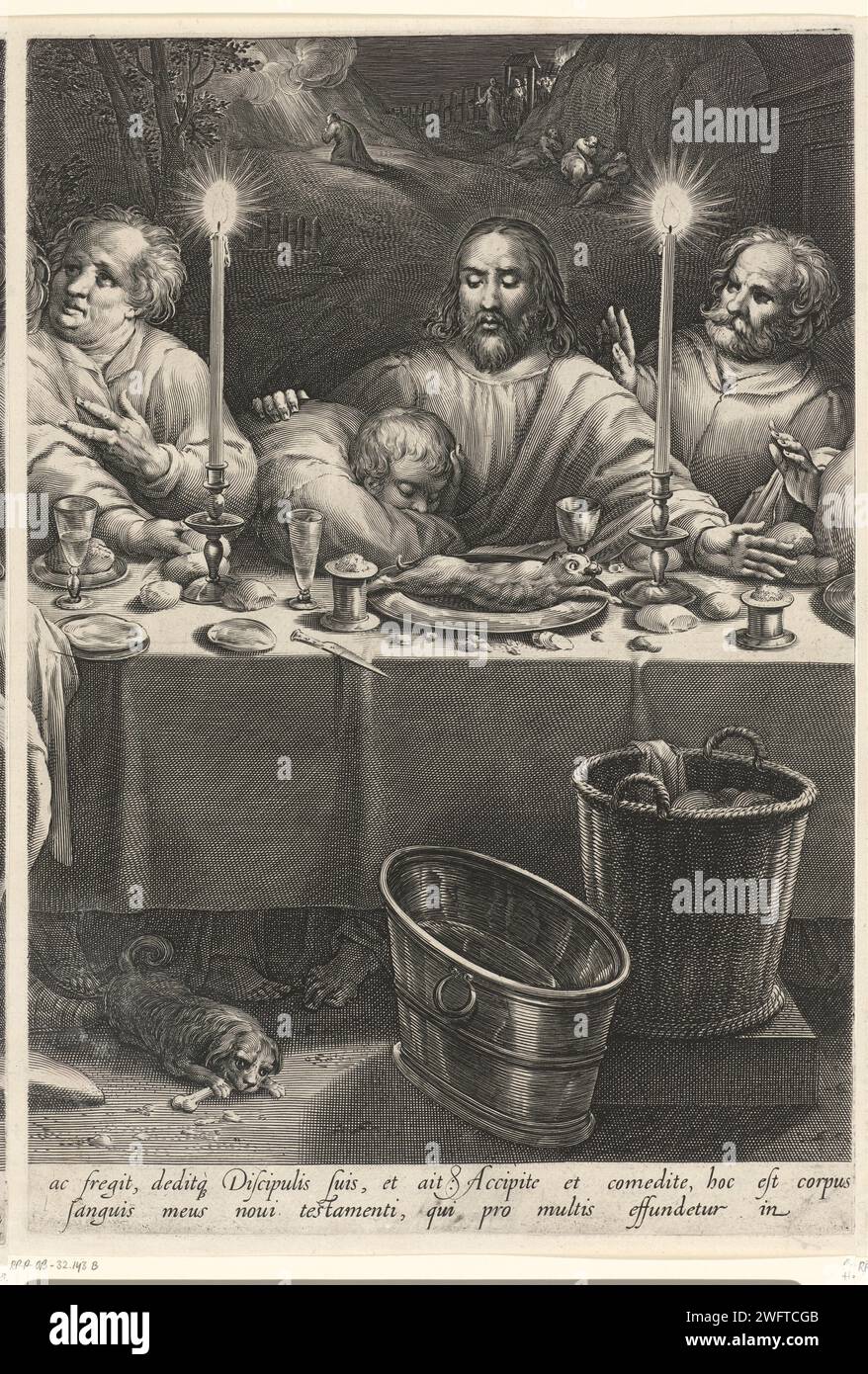 Letztes Abendmahl (Midden Blad), Jan Harmensz. Müller, nach Gillis Coignet (I), 1594 Druck Christus ist mitten in seinen Jüngern während des Letzten Abendmahls. John liegt an seiner Brust. Die Jünger neben ihm reagieren überrascht auf seine Aussage, dass einer von ihnen ihn verraten wird. Kerzen und Essen auf dem Tisch. Unter dem Tisch ein Hund mit Knochen. Im Hintergrund die Darstellung Christi im Hof von Getsemane. Amsterdamer Papierstich Ankündigung des Verrats Christi und der Reaktion der Apostel. Das Gebet Christi im Garten Gethsemane während der Nacht Stockfoto Letztes Abendmahl (Midden Blad), Jan Harmensz. Müller, nach Gillis Coignet (I), 1594 Druck Christus ist mitten in seinen Jüngern während des Letzten Abendmahls. John liegt an seiner Brust. Die Jünger neben ihm reagieren überrascht auf seine Aussage, dass einer von ihnen ihn verraten wird. Kerzen und Essen auf dem Tisch. Unter dem Tisch ein Hund mit Knochen. Im Hintergrund die Darstellung Christi im Hof von Getsemane. Amsterdamer Papierstich Ankündigung des Verrats Christi und der Reaktion der Apostel. Das Gebet Christi im Garten Gethsemane während der Nacht Stockfoto