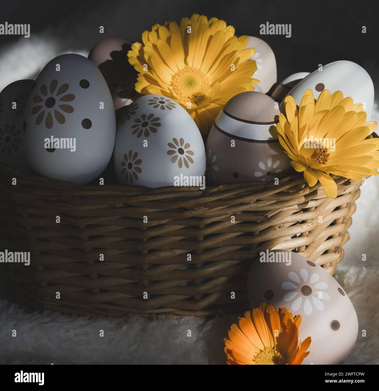 Gemalte ostereier in einem Korb auf einem weichen weißen Hintergrund mit Ringelblumen unter schattigem Licht Stockfoto