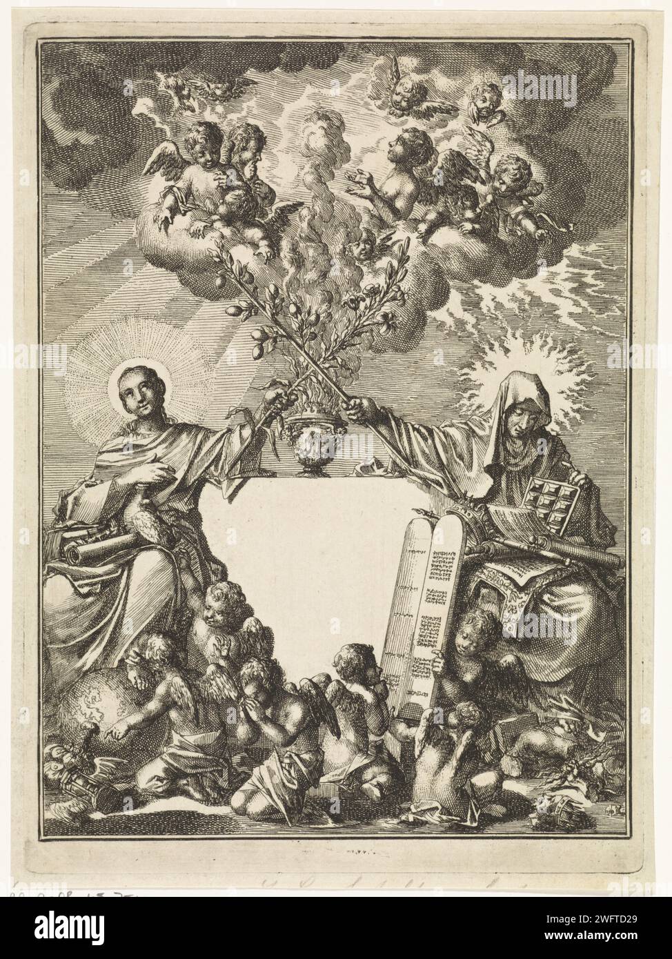 Personifizierungen des alten Bundes und des Evangeliums kreuzen zusammen den blühenden Stab von Aaron, Jan Luyken, 1712 Druck Amsterdamer Papier, das die neuen Tabellen des Gesetzes ätzt (Exodus 34). Allegorische und symbolische Darstellungen  Kirche und Religion. Die Blütenstange (Nummer 17) Stockfoto Personifizierungen des alten Bundes und des Evangeliums kreuzen zusammen den blühenden Stab von Aaron, Jan Luyken, 1712 Druck Amsterdamer Papier, das die neuen Tabellen des Gesetzes ätzt (Exodus 34). Allegorische und symbolische Darstellungen  Kirche und Religion. Die Blütenstange (Nummer 17) Stockfoto