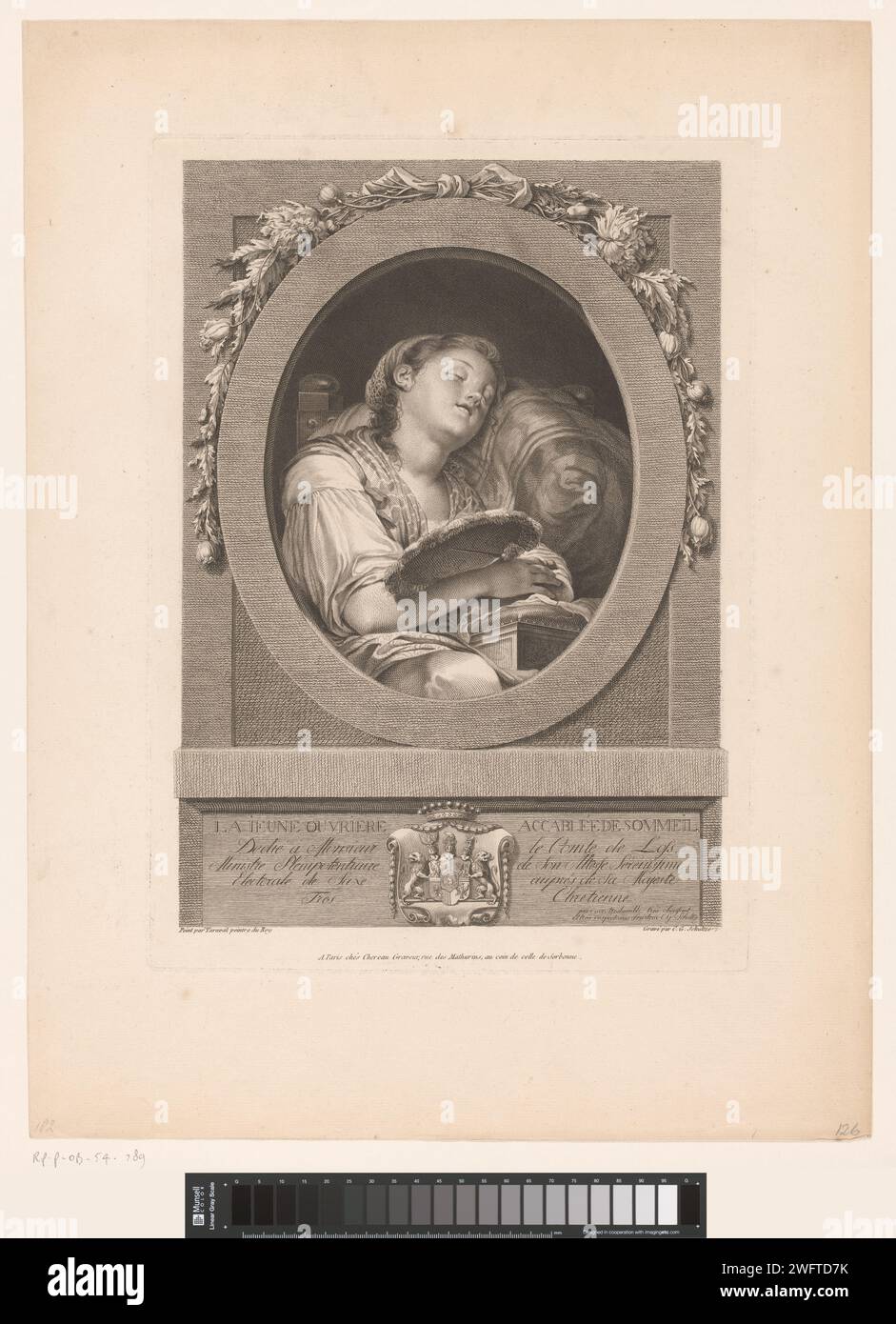 Schlafende junge Frau, Christian Gottfried Schultze, nach Gustave Taraval, 1759 - 1819 Druck Paris Papierstich schlafend im Stuhl. Jugendliche, junge Frau, Jungfrau Stockfoto