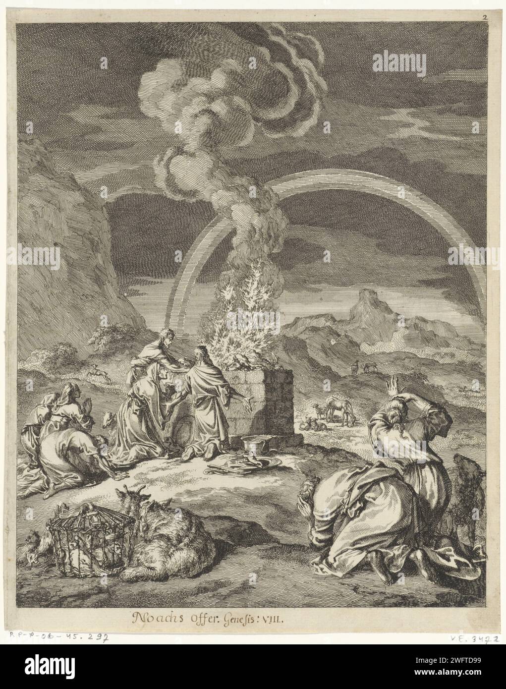 Angebot von Noah, Jan Luyken, 1708 Druck Amsterdamer Papier, das Noahs Opfer ätzt; verschiedene Tiere werden angeboten, möglicherweise ein Lamm, eine Taube und ein Widder (oft kombiniert mit dem Regenbogen des Bundes) Stockfoto