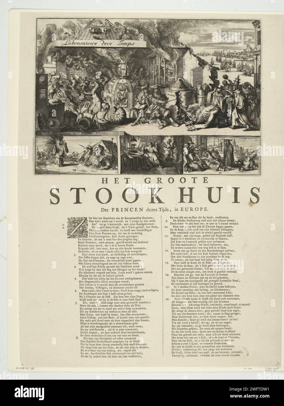Cartoon über Jacobus II. Und Lodewijk XIV. Als Alchemisten, 1688, Romeyn de Hooghe (Kreis von), 1688–1689 Cartoon über Jacobus II. Und Lodewijk XIV. Als Alchemisten, 1688. Alchemistenwerkstatt mit einem großen Kessel, in dem das Feuer unter dem Reich. Auf der rechten Seite versucht der Papst, den Bischofskardinal vom Hut zu nehmen. Im Hintergrund die Ankunft der Flotte von Willem III Unter 3 kleinen Szenen mit der versehentlichen Kutsche von Lavardin (dem französischen Gesandten in Rom) erscheint der Teufel Pater Peters (Edward Petre) und der Geist von König Karl I., der durch die Straßen wandert. Unter der Show ein Vers i Stockfoto