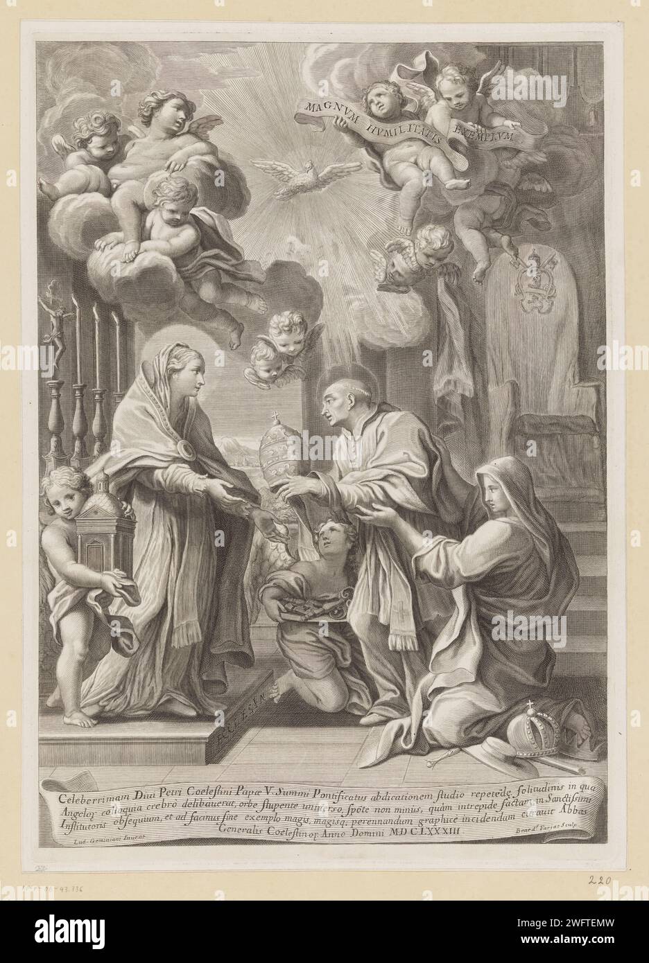 Petrus überreicht die päpstliche Krone Maria, Benoît Farjat, nach Lodovico Geminiani, 1683 Druck Frankreich Papier Gravur spezifische Aspekte  St. Peter (+ Maria) Stockfoto