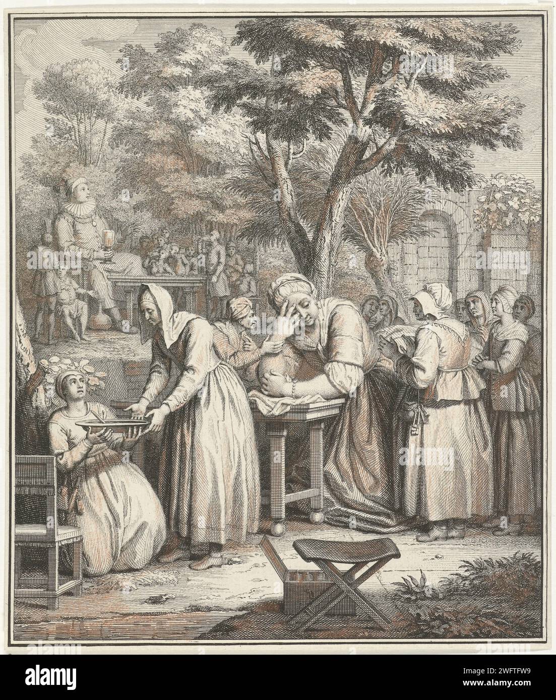 BOUSE VAN PANTAGRURE, JACOB FOLKEMA, NACH Louis FABRIUS Dubbourg, 1703 - 1767 Print die Giant Gargamella ist bereits im 11. Monat schwanger, wenn sie während eines großen Trink- und Essfestes gebären muss. Ihr Sohn Gargantua wird aus dem linken Ohr und nicht aus dem Schoß geboren, weil sie zu viele Eingeweide gegessen hat. Eine Gruppe von Frauen kommt zur Rettung von Gargamella, im Hintergrund erzählte ihr Mann Grandgosier Zuhörer eine Geschichte. Papierätzer Riesen, Riesen Stockfoto