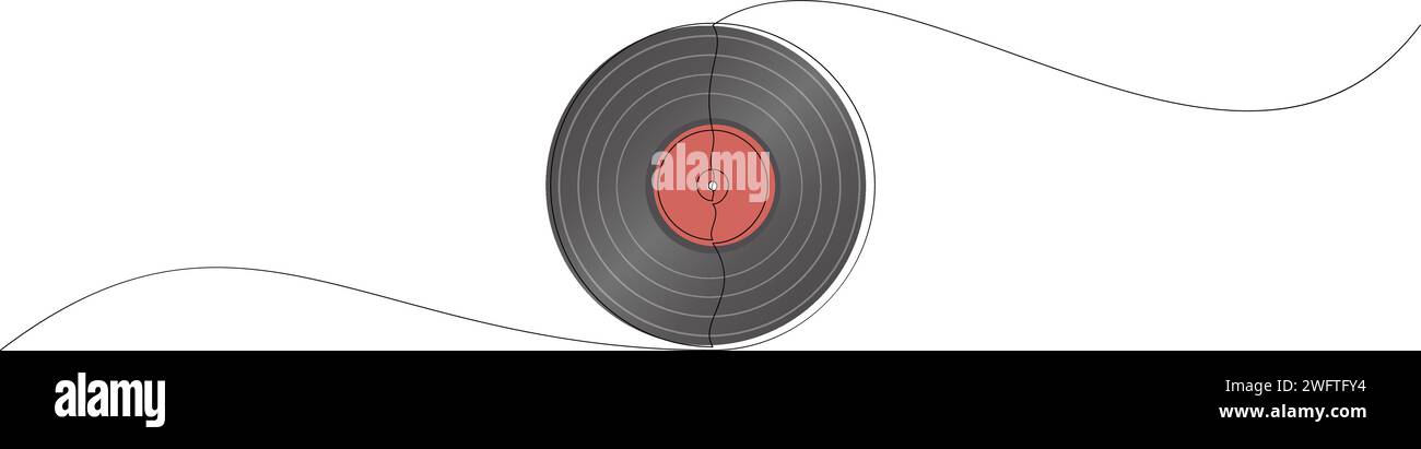 Schallplatten-Audioaufzeichnung mit kontinuierlicher Linienzeichnung. Vintage-LP-Scheibe, gezeichnet in einzeiliger Art. Vektorabbildung Stock Vektor