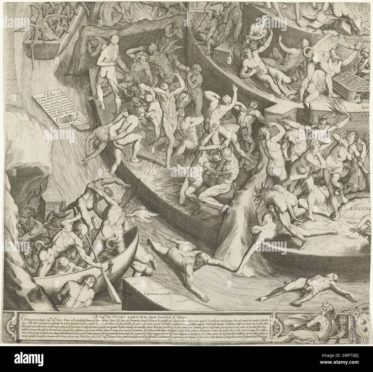 Hell and Vageguur (teils links unten), Jacques Callot, nach Bernardino Poccetti, 1612 Druck Vierter Teil (links unten) einer Darstellung der Hölle als umzäunte, Schritt für Schritt erbaute Pyramide, mit ganz oben auf Satan, der Seelen von Sündern verschlingt, und auf den Schichten unter ihm viele von teuflischen Wesen und Feuer verdammt. In der Ecke unten links außerhalb der Pyramide: Teufel, die neue Seelen mit dem Boot führen. Texte, die in lateinischer Sprache in der Performance, auch von verschiedenen Sünden, erforschen. Unter der Performance (ein Teil davon) die Waffe der Ärzte und ein gerahmter Text in italienischer Sprache. Florenz Pape Stockfoto