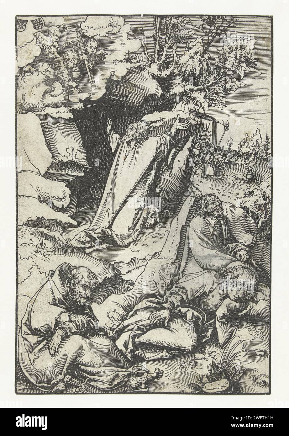 Christus auf dem Ölberg, Lucas Cranach (I), 1509 Druck Christus kniet mit erhobenen Armen auf dem Ölberg und schaut in den Himmel, wo drei Putten in seiner Vision mit einem Kreuz und einer Fehlgeburt mit einem Feind erscheinen. Im Vordergrund schlafen die drei Schüler Peter, James und Johannes. Hinten rechts nähert sich Judas, gefolgt von einer Gruppe Soldaten. Links oben befinden sich die kurfürstlichen und herzoglichen Waffen Sachsens auf zwei kleinen Schilden. Deutschland schreibt Christusgebet im Garten Gethsemane in der Nacht Stockfoto Christus auf dem Ölberg, Lucas Cranach (I), 1509 Druck Christus kniet mit erhobenen Armen auf dem Ölberg und schaut in den Himmel, wo drei Putten in seiner Vision mit einem Kreuz und einer Fehlgeburt mit einem Feind erscheinen. Im Vordergrund schlafen die drei Schüler Peter, James und Johannes. Hinten rechts nähert sich Judas, gefolgt von einer Gruppe Soldaten. Links oben befinden sich die kurfürstlichen und herzoglichen Waffen Sachsens auf zwei kleinen Schilden. Deutschland schreibt Christusgebet im Garten Gethsemane in der Nacht Stockfoto