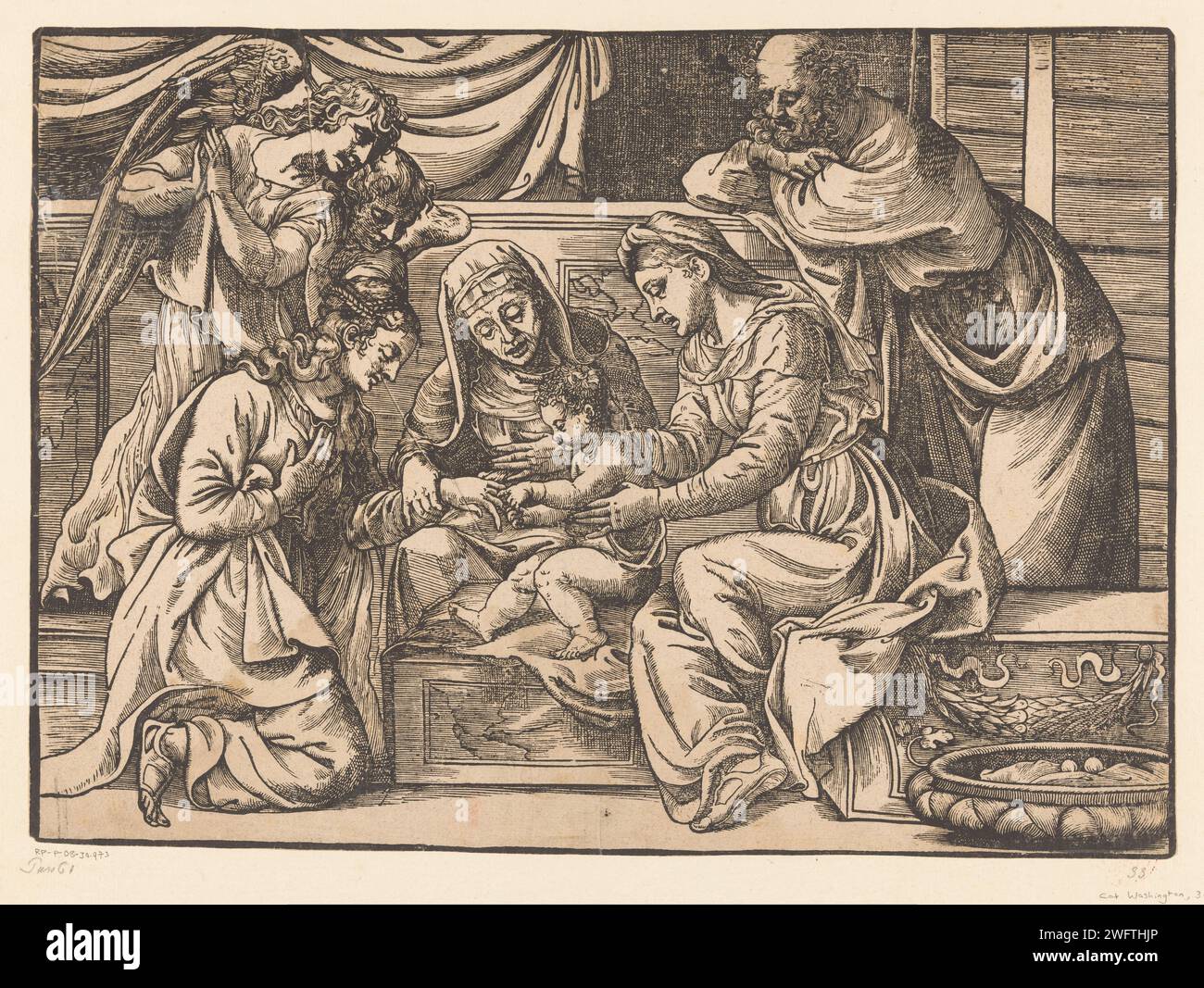 Mystische Heirat der Heiligen Katharina, Tizian, Nicolò Boldrini (zugeschrieben), ca. 1540 Druck Maria hält das Christuskind, während er einen Ring um den Finger der Heiligen Katharina gleitet, die vor ihm kniet. Auf der linken Seite zwei anbetende Engel und Joseph auf der rechten Seite. In der Mitte eine ältere Frau, vielleicht die heilige Anna. Printmacher: VeniceItalien Papier die mystische Hochzeit von St. Katharina von Alexandrien mit dem Kleinkind Christus: Das Christkind legt einen Ring an ihren Finger. Der Pflegevater Christi, Joseph von Nazareth, Ehemann Mariens; mögliche Attribute: Blütenstab oder Stab, Lilie, Zimmermannswerkzeug Stockfoto