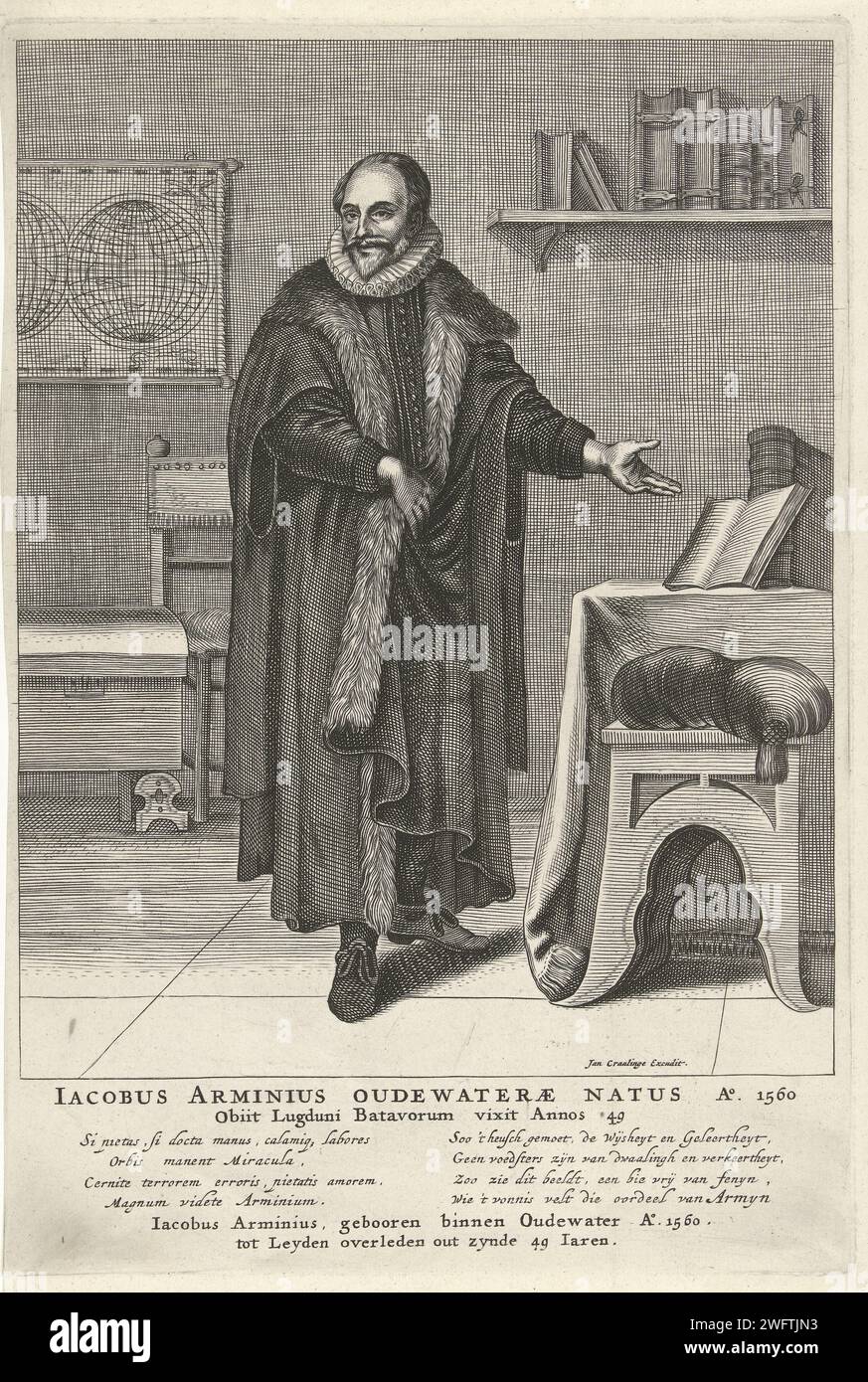 Porträt von Jacobus Arminius, Pieter Holsteyn (II), um 1624 - 1673 gedrucktes Porträt von Jacobus Arminius, im Inneren einer Studie. Unter dem Porträt befinden sich Name und Daten in zwei Zeilen in lateinischer Sprache. Darunter zwei Spalten mit je vier Zeilen, links in lateinischer und rechts in niederländischer Sprache. Darunter der Name und die Daten der dargestellten Person in zwei Zeilen auf Niederländisch. Nordholländische Papierstichstudie; 'studiolo'; Bibliothek Stockfoto