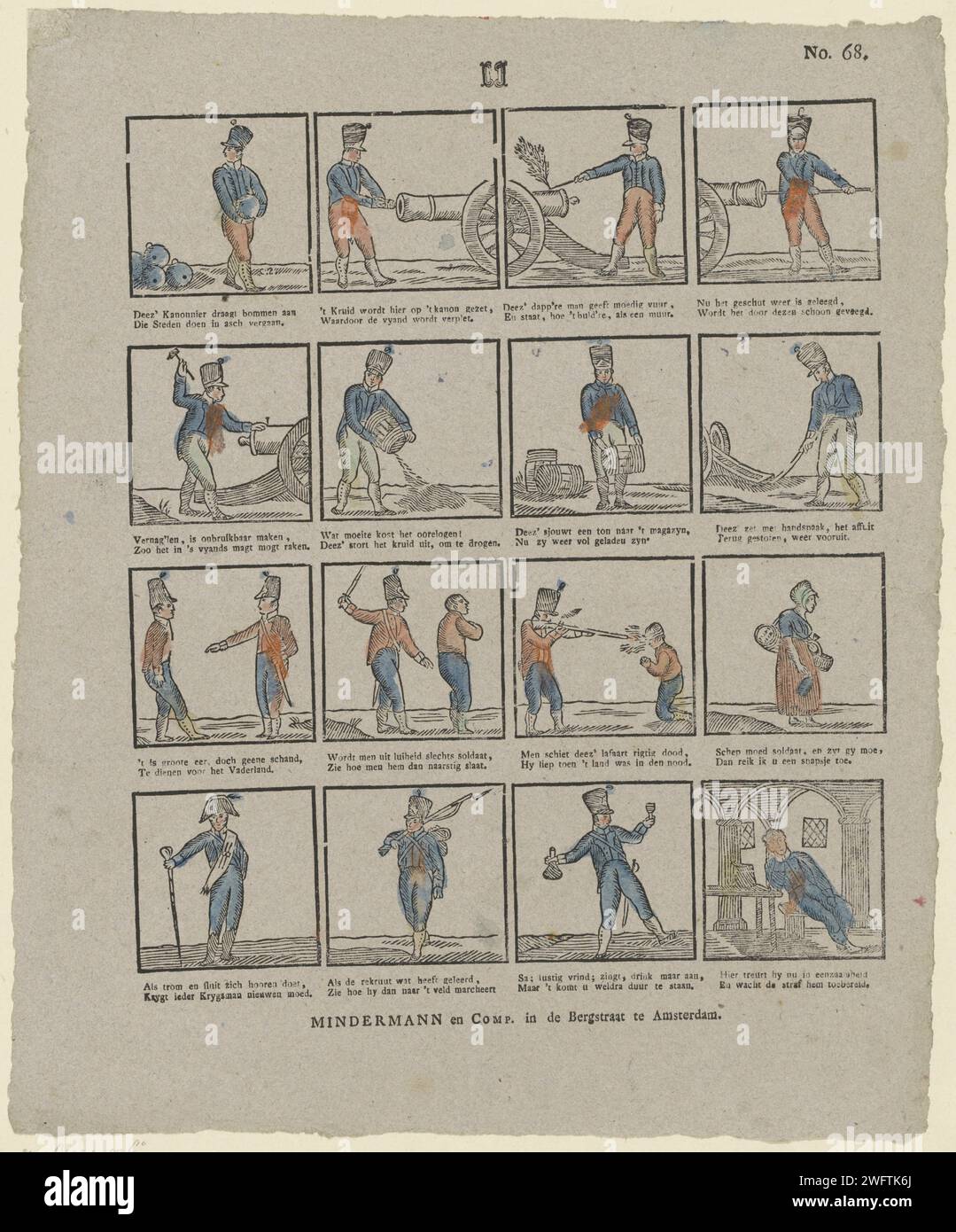 Soldiers, Minderann & Co., 1818 - 1848 Print Blatt mit 16 Aufführungen von Soldaten mit Kanonen, Pulver und Schwertern. Unter jedem Bild ein zwei-Wege-Vers. Rechts oben nummeriert: Nr. 68. Amsterdamverlag: Breda-Buchdruck des Soldaten; das Leben des Soldaten. Waffen Stockfoto