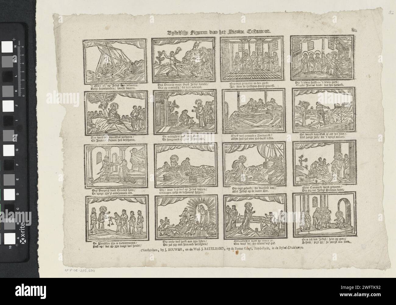 Bybelsche Figuren des Neuen Testaments, 1794–1804 Druckblatt mit 16 Darbietungen von Geschichten aus dem Neuen Testament. Unter jedem Bild ein zwei-Wege-Vers. Oben rechts nummeriert: 82. Verlag: Amsterdamprint Maker: Niederlande Papier Buchdruck Neues Testament Stockfoto