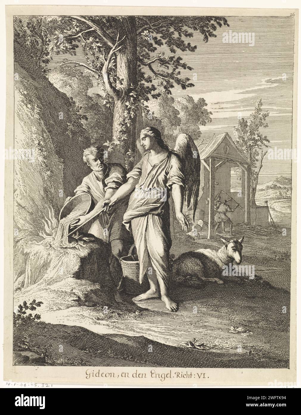 Gideon und der Engel, Caspar Luyken, 1708 Druck Nürnberger Papier ätzend auf Wunsch des Engels legt Gideon das Essen auf einen Felsen und gießt die Brühe aus Stockfoto