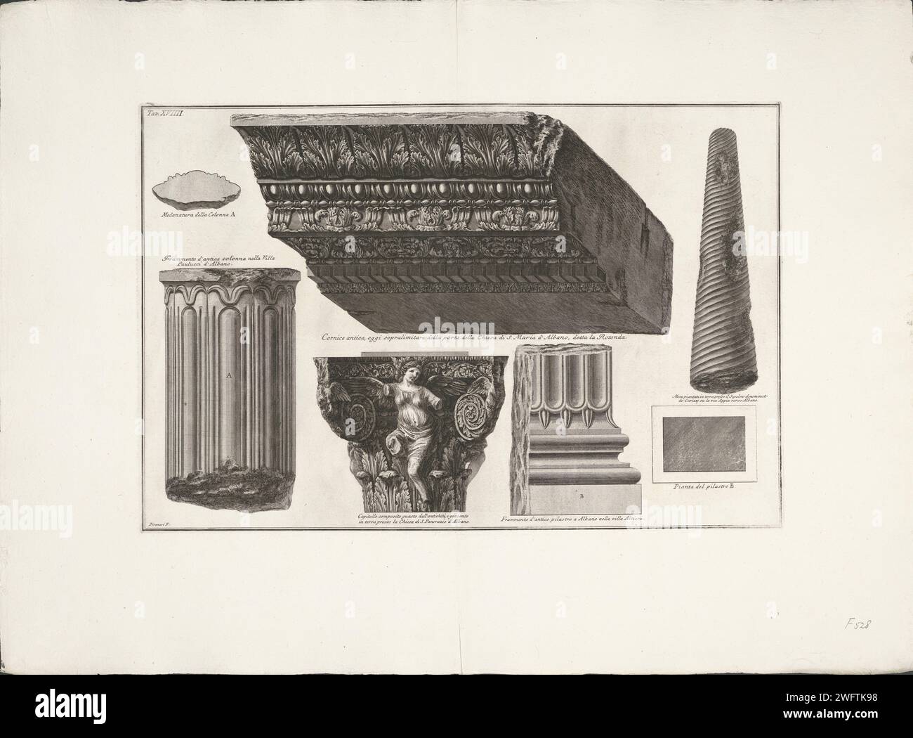 Krönung und Säulenrückstände aus Albano, Giovanni Battista Piranesi, 1764 drucken Ein Gesims und Säulenrückstände aus Albano. Ein Titel für jeden Auszug. Oben nummeriert: Endlich. XVIIII. Rom Papierätzsäule, Säule  Architektur. Weitere architektonische Details Albano Stockfoto