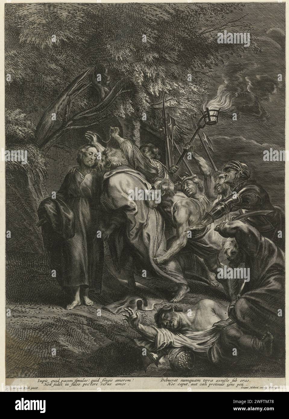 Sammlung von Jesus, Anonym, nach Anthony Van Dyck, 1661–1684 Druck Judas verrät Christus durch Küssen. Hinter ihm stürmen Soldaten mit Waffen und einer Fackel, um Christus zu fangen. Vorne rechts ist Simon Petrus dabei, Malchus mit einem Schwert anzugreifen. Am Rand eine vierzeilige Unterschrift in lateinischer Sprache. Druckerei: Low CountriesVerlag: Antwerpener Papier mit dem Gravur des Judas: Begleitet von Soldaten mit Fackeln und Laternen küsst er Christus Stockfoto Sammlung von Jesus, Anonym, nach Anthony Van Dyck, 1661–1684 Druck Judas verrät Christus durch Küssen. Hinter ihm stürmen Soldaten mit Waffen und einer Fackel, um Christus zu fangen. Vorne rechts ist Simon Petrus dabei, Malchus mit einem Schwert anzugreifen. Am Rand eine vierzeilige Unterschrift in lateinischer Sprache. Druckerei: Low CountriesVerlag: Antwerpener Papier mit dem Gravur des Judas: Begleitet von Soldaten mit Fackeln und Laternen küsst er Christus Stockfoto