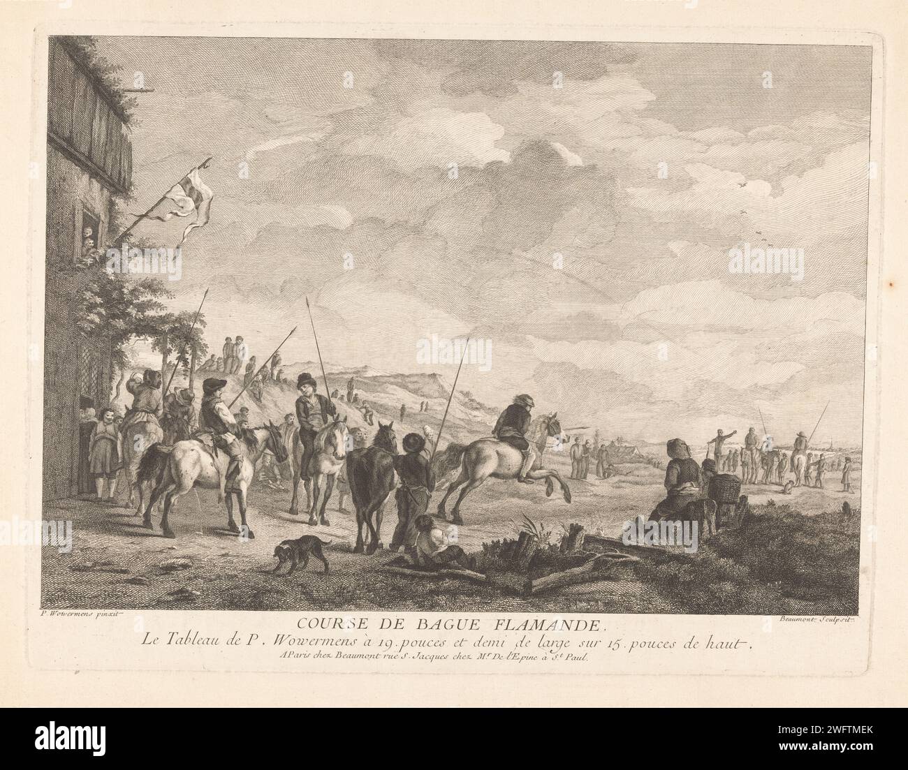 Ringstich-Spiel in Flandern, Pierre Francois Beaumont, nach Pouwels Joostensz. Wouwerman, nach Philips Wouwerman, nach Pieter Wouwerman, 1729–1769 Druckerei: Francepublisher: Paris Papierätzung / Gravur Pferderennen. Wettbewerbspiele Flandern Stockfoto