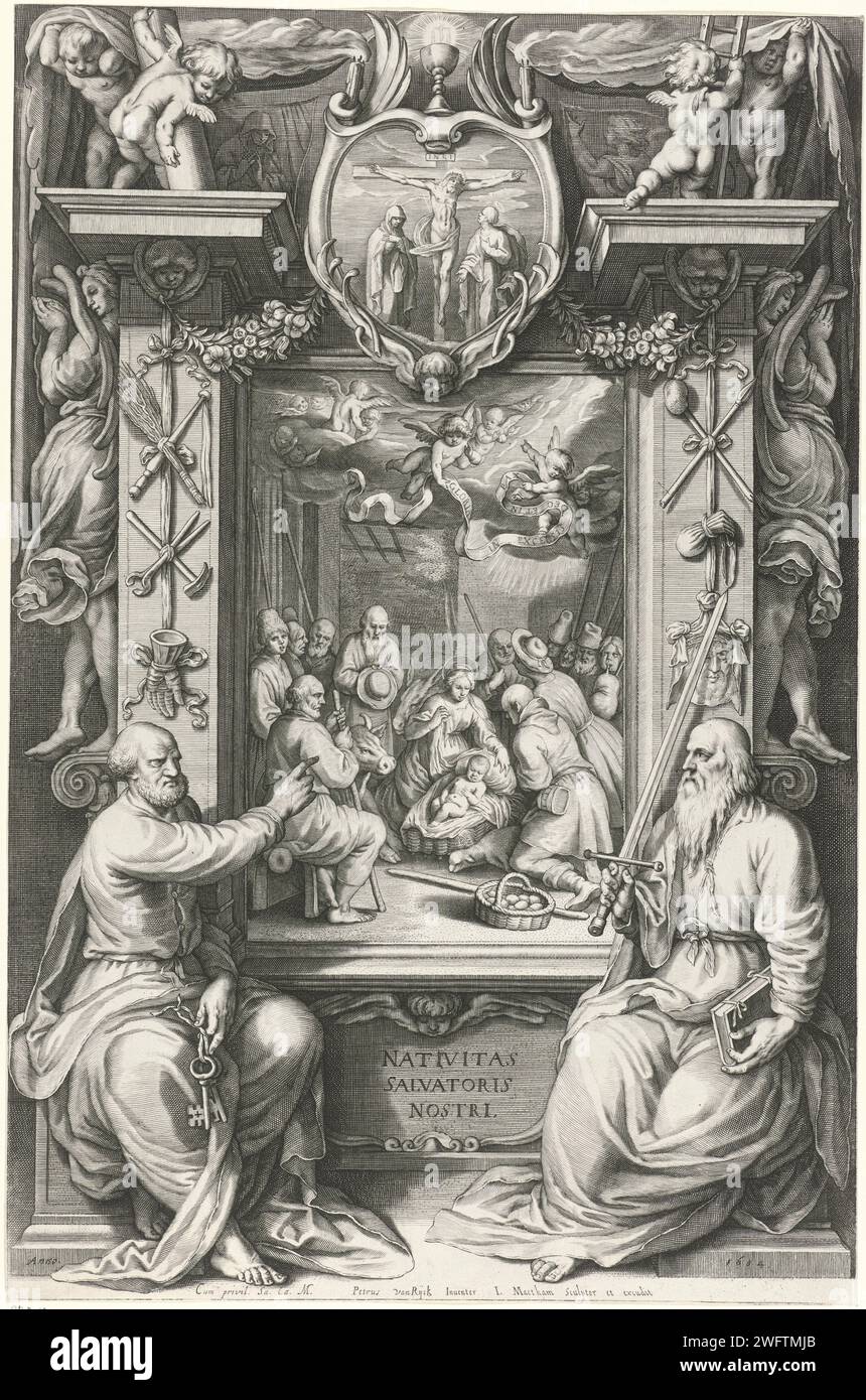 Geburt Christi, mit Petrus und Paulus, Jacob Matham, nach Pieter Cornelisz. Van Rijck, 1604 drucken die Geburt Christi mit kniendem Hirten in einem dekorativen architektonischen Rahmen, auf dem die Passionswerkzeuge auf beiden Seiten stehen. Darüber in einer Kartusche ein Bild der Kreuzigung. Im Vordergrund auf beiden Seiten des Rahmens de Apostel Petrus mit seinen Schlüsseln und der Apostel Paulus mit seinem Schwert und Buch. Haarlemer Papierstich Maria, Joseph und der neugeborene Christus (Geburt). Anbetung des Christuskindes durch die Hirten; Maria und Josef sind anwesend. Der Apostel Peter, erster Bischof von Rom; possib Stockfoto
