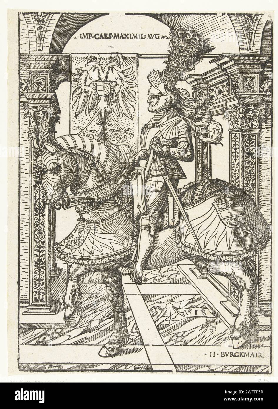 Reiterporträt von Keizer Maximiliaan, Hans Burgkmair (i), 1518 Druck ECHANT PORTRET von Keizer Maximilian in Rüstung. Das Pferd steht für einen mit Ornamenten verzierten Bogen. Diese Architektur hat den Betrieb eines Triumphbogens. Neben dem Kaiser ist seine Waffe mit einem zweiköpfigen Adler. An der Spitze steht der Titel des Kaisers in Capitals: Imp CAES Maximil Aug. Papier Reiterstatträt Stockfoto