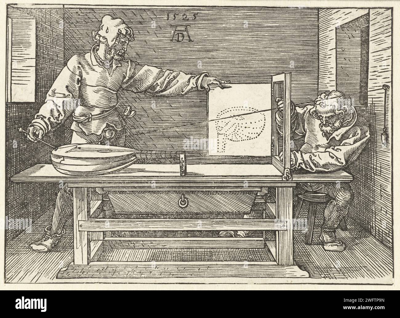 Zeichner zeichnet eine Laute, Albrecht Dürer, 1525 drucken Ein Zeichner und sein Helfer zeichnen eine Laute nach einer von Dürer erdachten, genialen, aber sehr umständlichen Methode, ein Objekt in kurzer Perspektive darzustellen. Nürnberger Papierinstrumente zum perspektivischen Zeichnen. Zeichner bei der Arbeit. Laute und spezielle Lautenformen, z. B. Theorbo Stockfoto