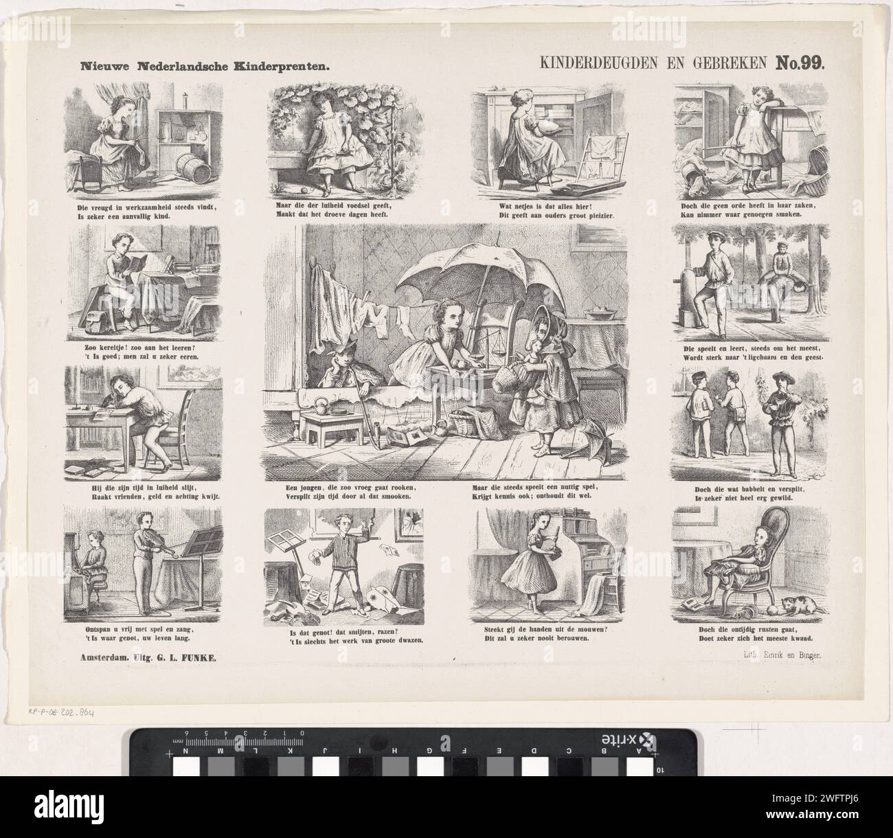 Kinder Tugenden und Defekte, 1865 - 1875 Print Blatt mit 13 Aufführungen Tugend und Tugend Kinder. Unter jedem Bild ein zwei-Wege-Vers. Rechts oben nummeriert: Nr. 99. Verlag: Amsterdamprinter: Haarlem Papier Buchdruck gutes Verhalten. Schlechtes Verhalten. Kind Stockfoto