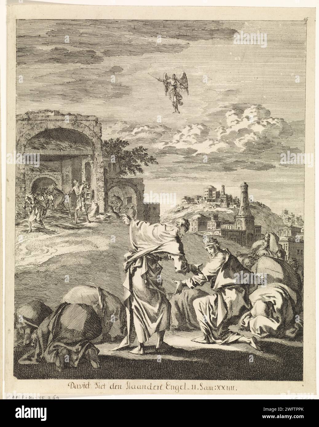 König David sieht den Engel des Todes, Jan Luyken, 1708 Druck Amsterdam Papier ätzend David sieht den rächernden Engel in Jerusalem; er betet zu Gott Stockfoto