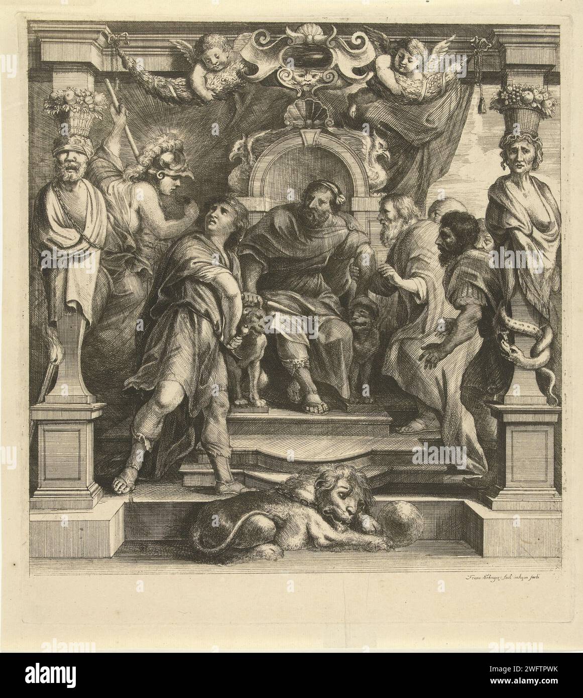Twist van Achilles mit Agamemnon, Franz Ertinger, nach Peter Paul Rubens, 1679 Druck Achilles ist dabei, sein Schwert zu ziehen, um Agamemnon auf seinem Thron zu töten. Er schaut zu Pallas Athens, der ihn vor dem Mord bewahrt. Antwerpener Papier-ätzrat der Griechen: Minerva hält Achilles' Wut zurück, indem er ihn an den Haaren ergreift; möglicherweise versucht Nestor Agamemnon zu beruhigen Stockfoto